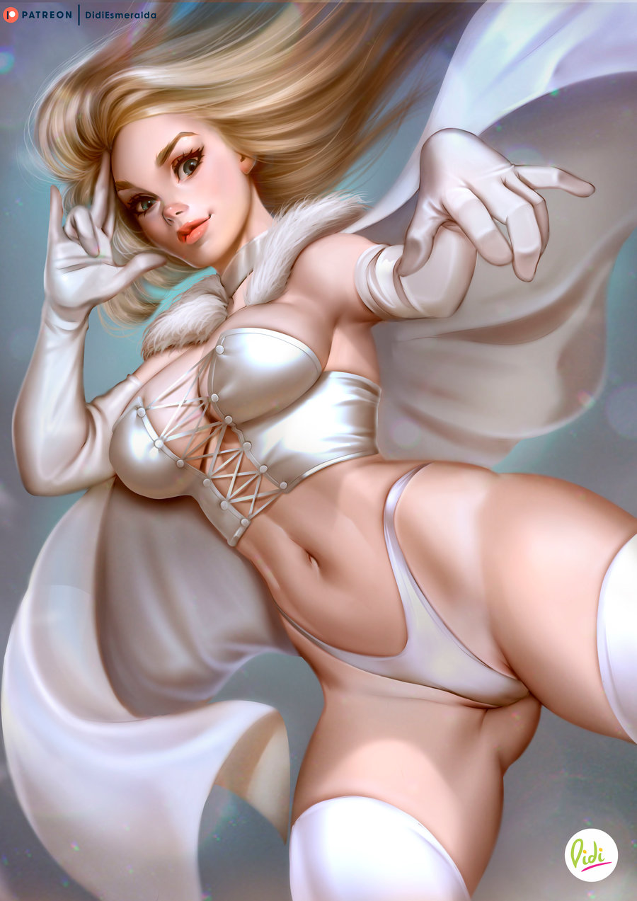 1girls, bra, bustier, cleavage, corset, didi esmeralda, emma frost, female, female only, marvel, marvel comics, panties, solo, underwear, white panties, white queen, x-men