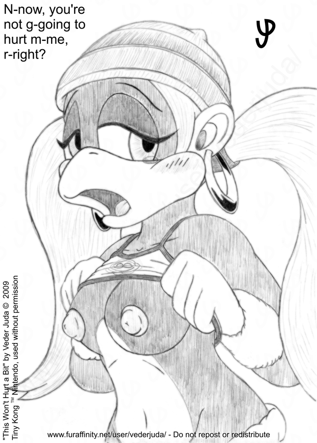 1girls 2009 anthro areola breasts donkey_kong_(series) female female_only furry hoop_earrings kong monochrome nintendo nipples solo tied_hair tiny_kong twintails