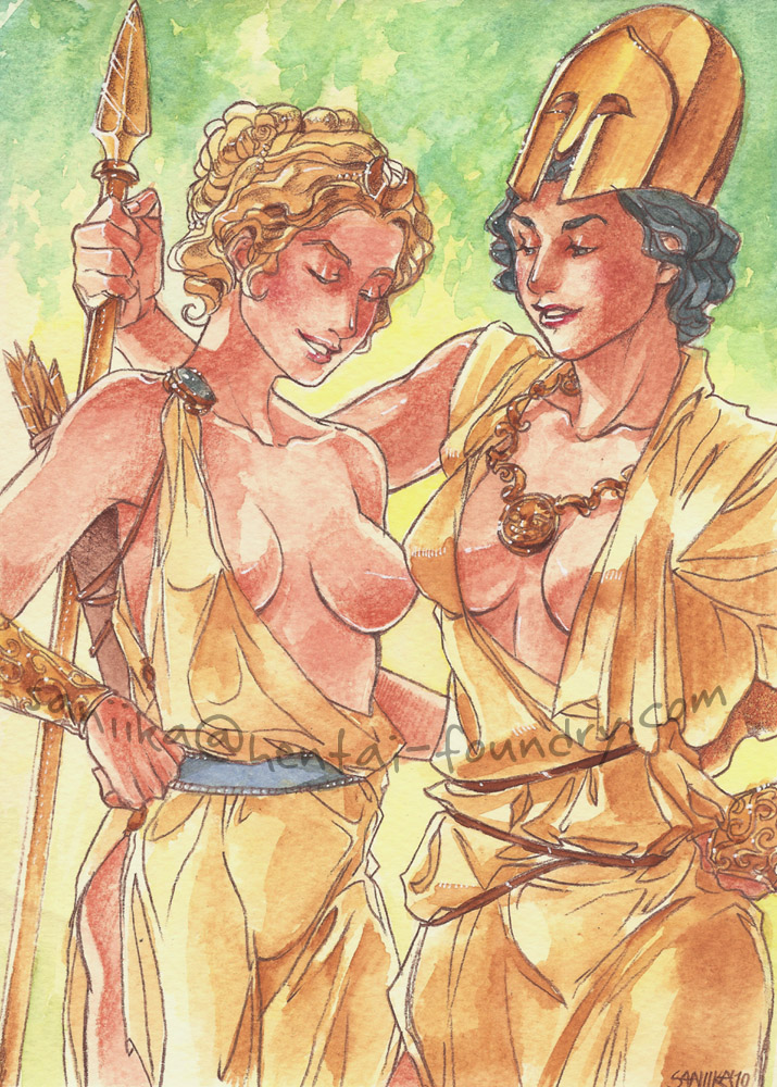 2girls artemis artemis_(greek_mythology) athena athena_(greek_mythology) breasts female female_only goddess greek_mythology multiple_girls mythology saniika yuri