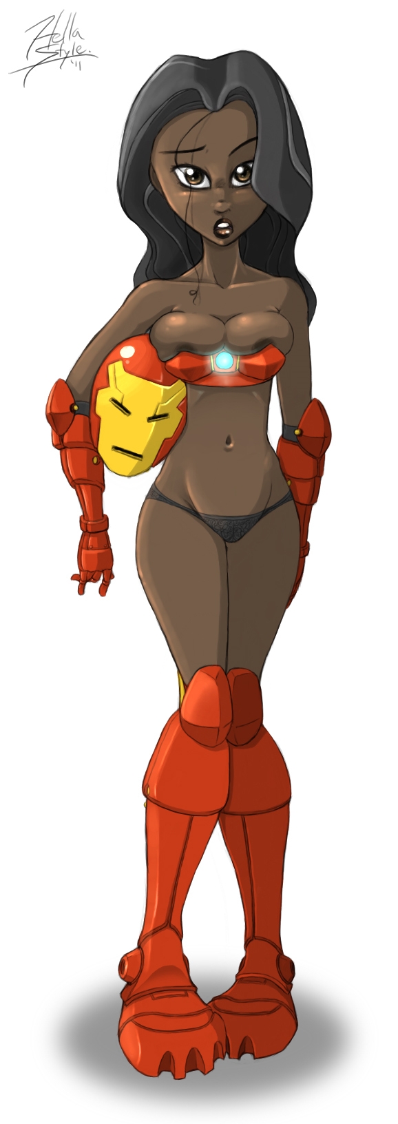 1girls black_hair brown_eyes cleavage dark-skinned_female dark_skin hellahellastyle hourglass_figure human iron_man_armored_adventures marvel milf panties roberta_rhodes