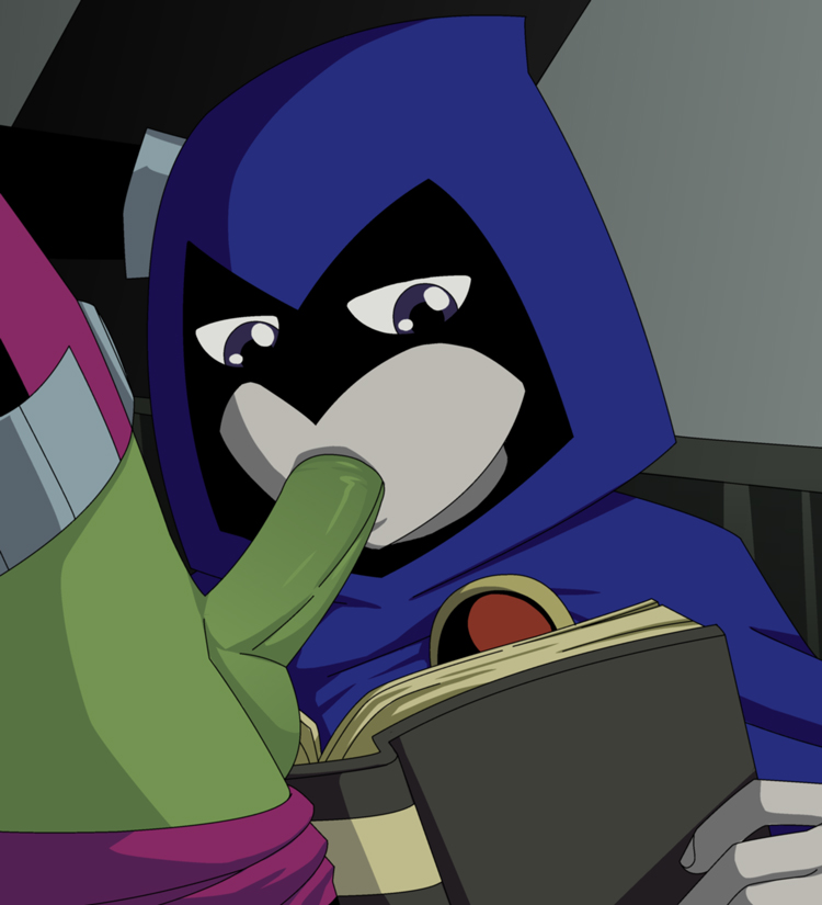 1boy 1girls beast_boy cartoon_network cloak dc dc_comics fellatio garfield_logan green_skin incognitymous oral purple_eyes rachel_roth raven_(dc) reading reading_book reading_during_sex teen_titans unseen_male_face