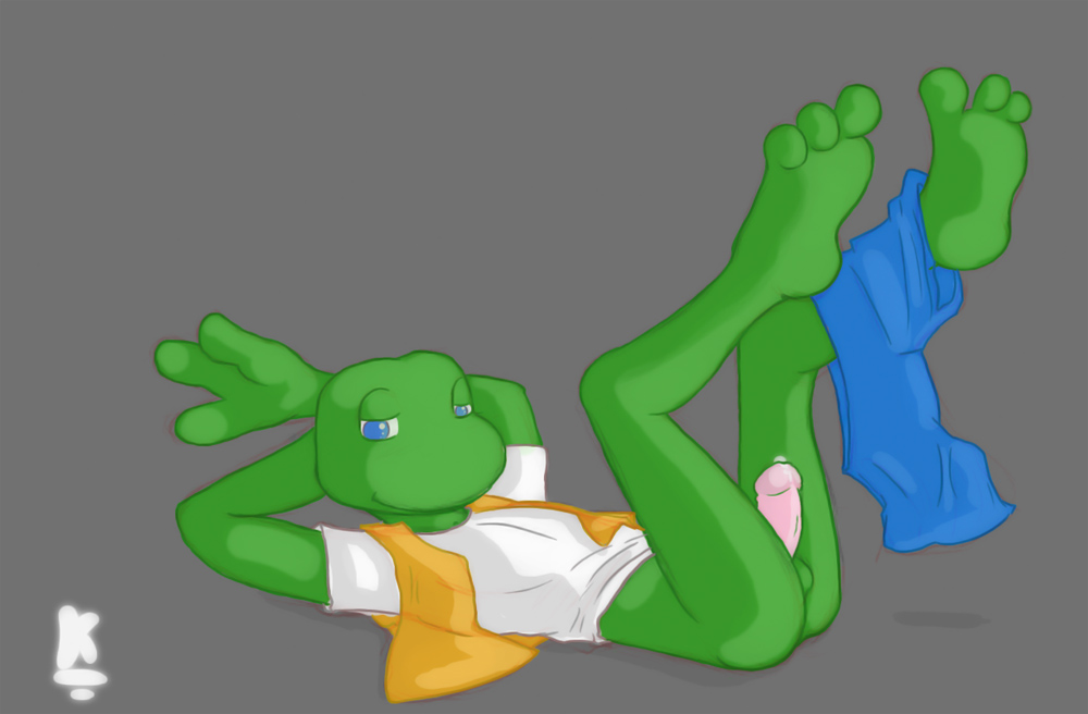 anthro clothing frog frogger kolossal lying male male_only on_back penis solo tagme