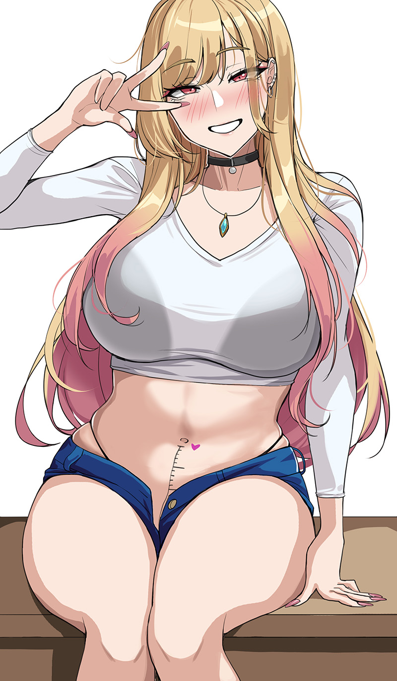 1girls, aged up, blonde hair, body markings, booty shorts, breasts, drogod (artist), female, gyaru, higher resolution available, hips, huge breasts, kitagawa marin, light skin, light-skinned female, long hair, open shorts, peace sign, penetration depth mark, pink hair, red eyes, short shorts, shorts, slim waist, smile, sono bisque doll wa koi wo suru, thick thighs, thighs, two-tone hair, wide hips