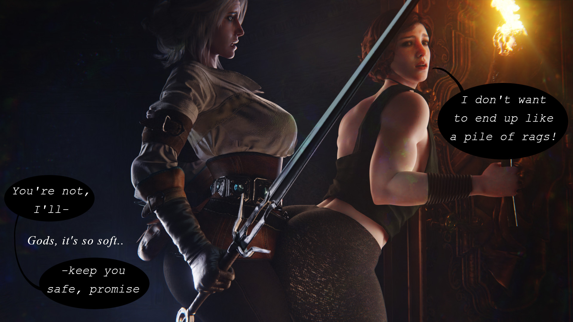 1futa, 1girls, 3d, ass, big ass, big breasts, big penis, breasts, bulge, bulge through clothing, cd projekt red, circumcised, ciri, clothing, comic, dry humping, erection, female, futa on female, futanari, intersex, large penis, light skin, light-skinned female, light-skinned futa, original character, penis, red hair, scrappy-coco, story, text, the witcher (series), the witcher 3: wild hunt, white hair, yoga pants