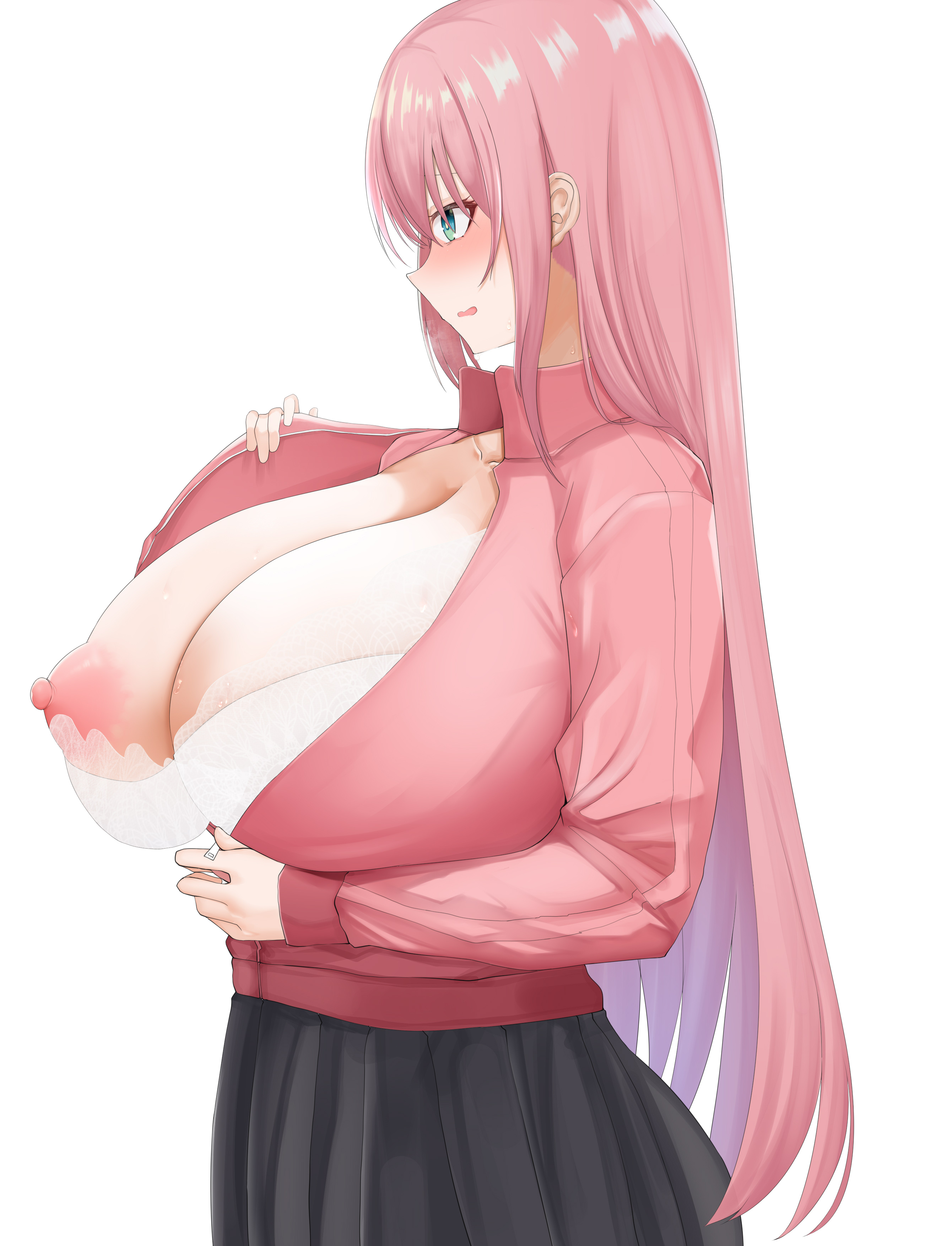 1girls, big breasts, blue eyes, blush, bocchi the rock!, bra, breasts, breasts outside, chomikuplus, clothed female, female, female only, gotou hitori, huge breasts, light skin, light-skinned female, long hair, nipples, pink hair, skirt, solo, unzipped jacket
