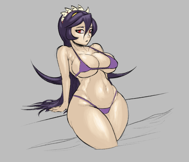 1girls big_breasts black_hair filia_(skullgirls) gray_background legs_in_water light-skinned_female light_skin long_hair looking_at_viewer poolside purple_bikini red_eyes samson_(skullgirls) skullgirls teeth thin_arms tillshitposting wide_hips yellow_eyes