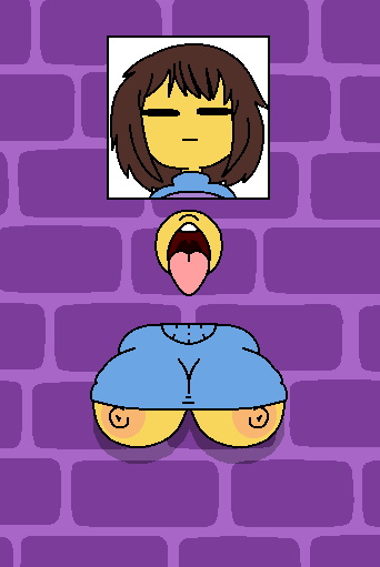 1girls 2d breasts brown_hair clothing female female_only frisk glory_hole human human_female human_only open_mouth shy_jaz solo through_wall underboob undertale undertale_(series) yellow_body