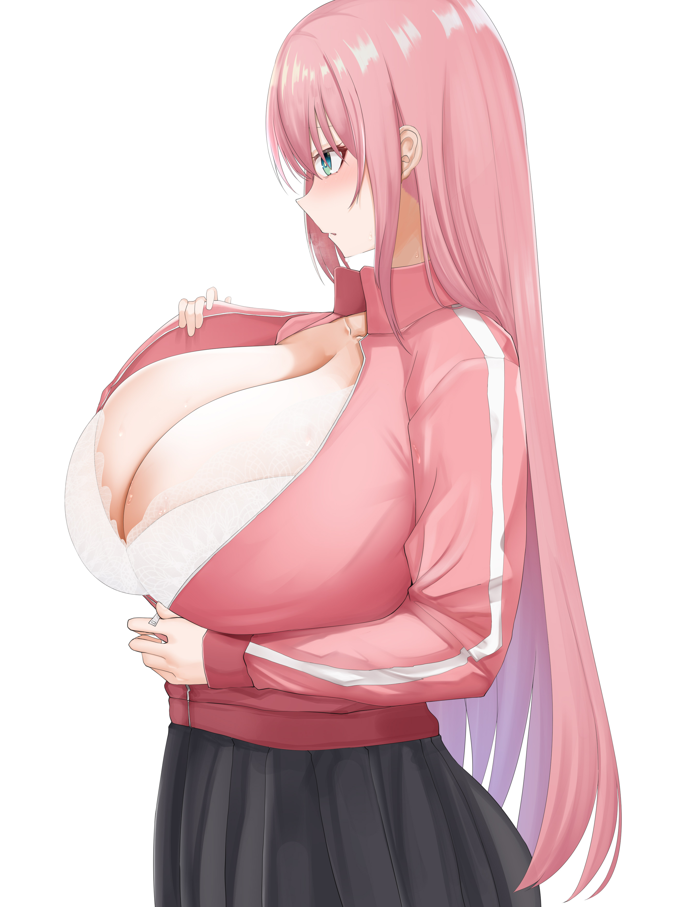 1girls, big breasts, blue eyes, blush, bocchi the rock!, bra, breasts, breasts outside, chomikuplus, clothed female, female, female only, gotou hitori, huge breasts, light skin, light-skinned female, long hair, pink hair, skirt, solo, unzipped jacket
