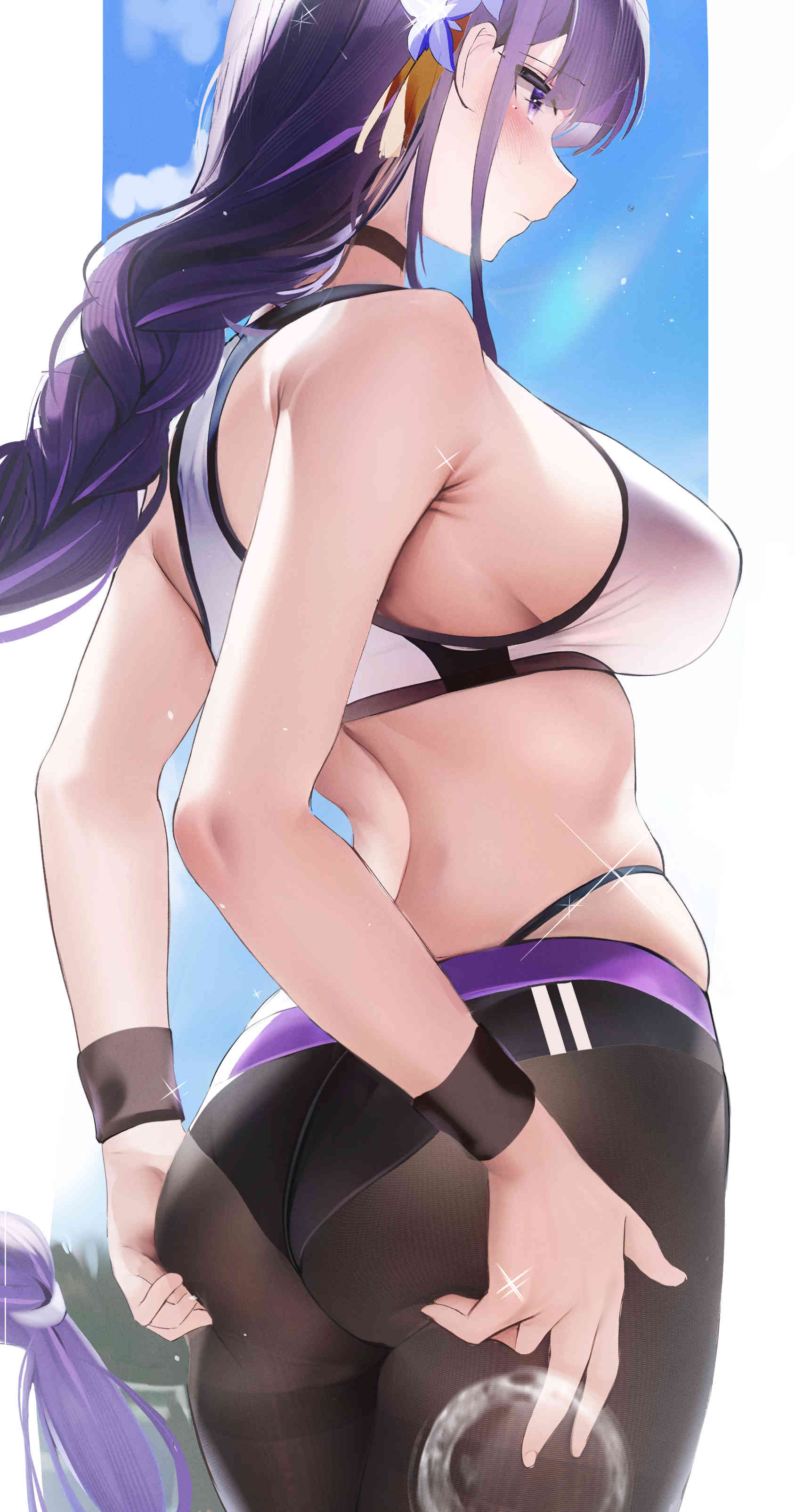 1girls, ass, back, back view, braided hair, breasts, bubble ass, bubble butt, fantongjun, female, genshin impact, hi res, hips, huge ass, large breasts, long hair, purple hair, raiden shogun, slim waist, sports bra, sportswear, thick thighs, thighs, tight clothing, tight fit, wide hips, yoga pants