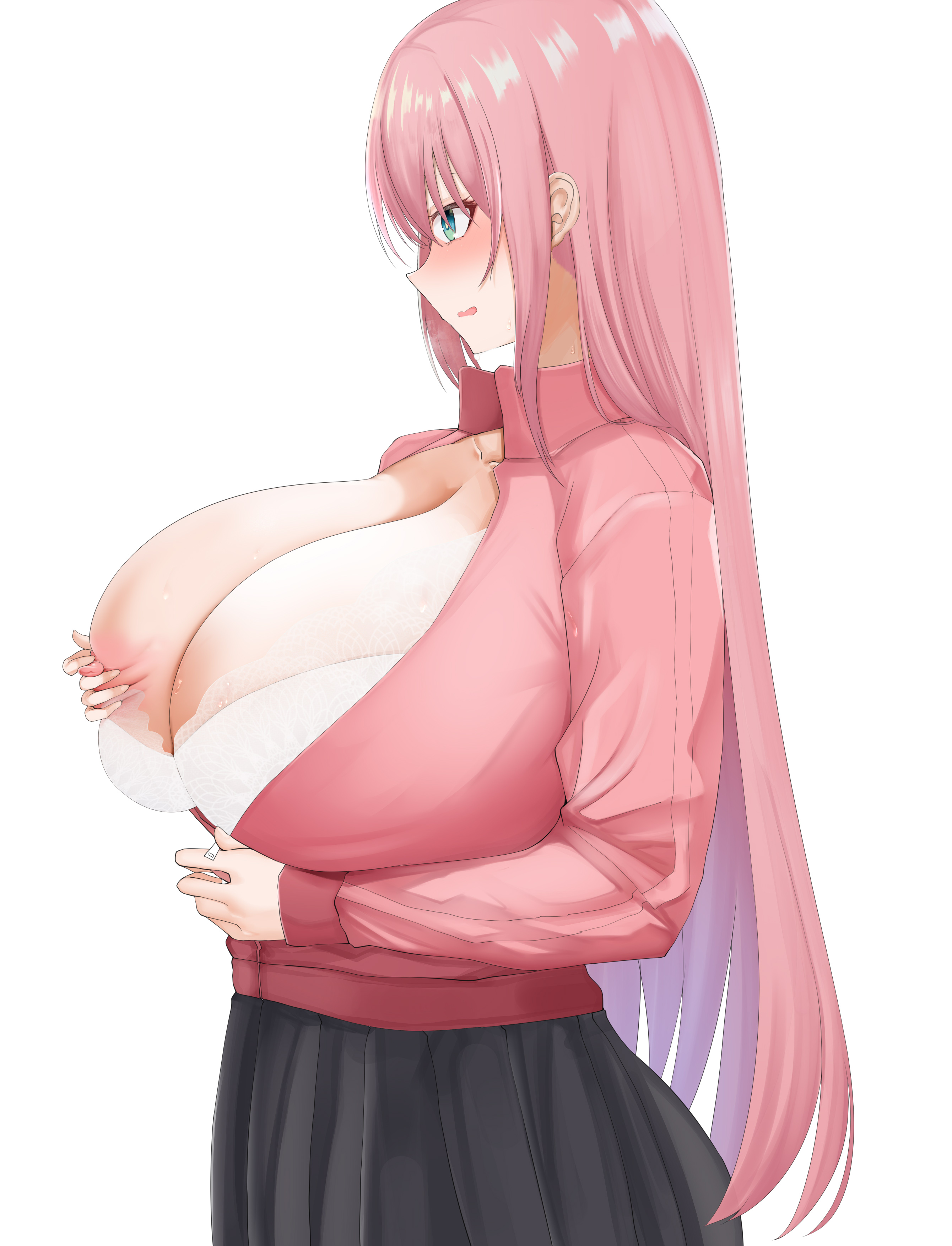 1girls, big breasts, blue eyes, blush, bocchi the rock!, bra, breasts, breasts outside, chomikuplus, clothed female, female, female only, gotou hitori, huge breasts, light skin, light-skinned female, long hair, nipples, pink hair, skirt, solo, unzipped jacket