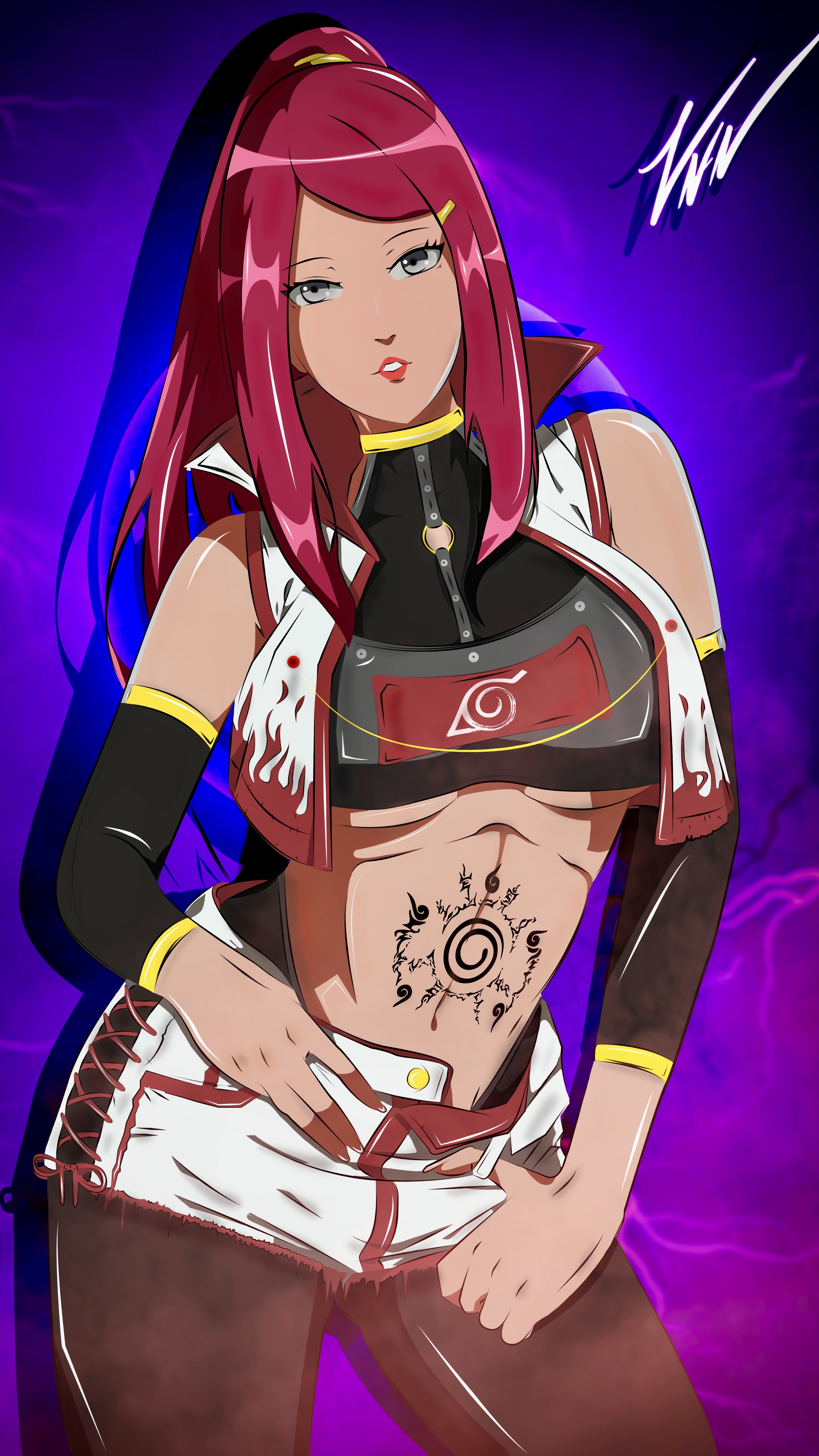 1girls, alternate costume, alternate hairstyle, breasts, cleavage, crop top, female, female only, jacket, konohagakure symbol, lipstick, long hair, looking at viewer, makeup, mature, mature female, midriff, milf, naruto, naruto (series), naruto shippuden, no bra, pantyhose, ponytail, red hair, revealing clothes, shorts, skimpy, skimpy clothes, solo, solo focus, stomach tattoo, tattoo, tied hair, unbuttoned, unbuttoned shorts, underboob, uzumaki kushina, zainxzx