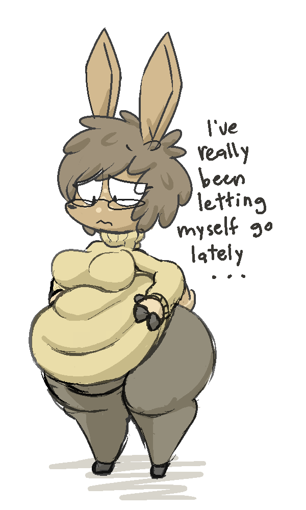 anthro big_ass big_belly brown_hair fat fat_belly fat_female fatty female female_only furry glasses long_ears maddeku obese solo sweater tagme tail wide_hips