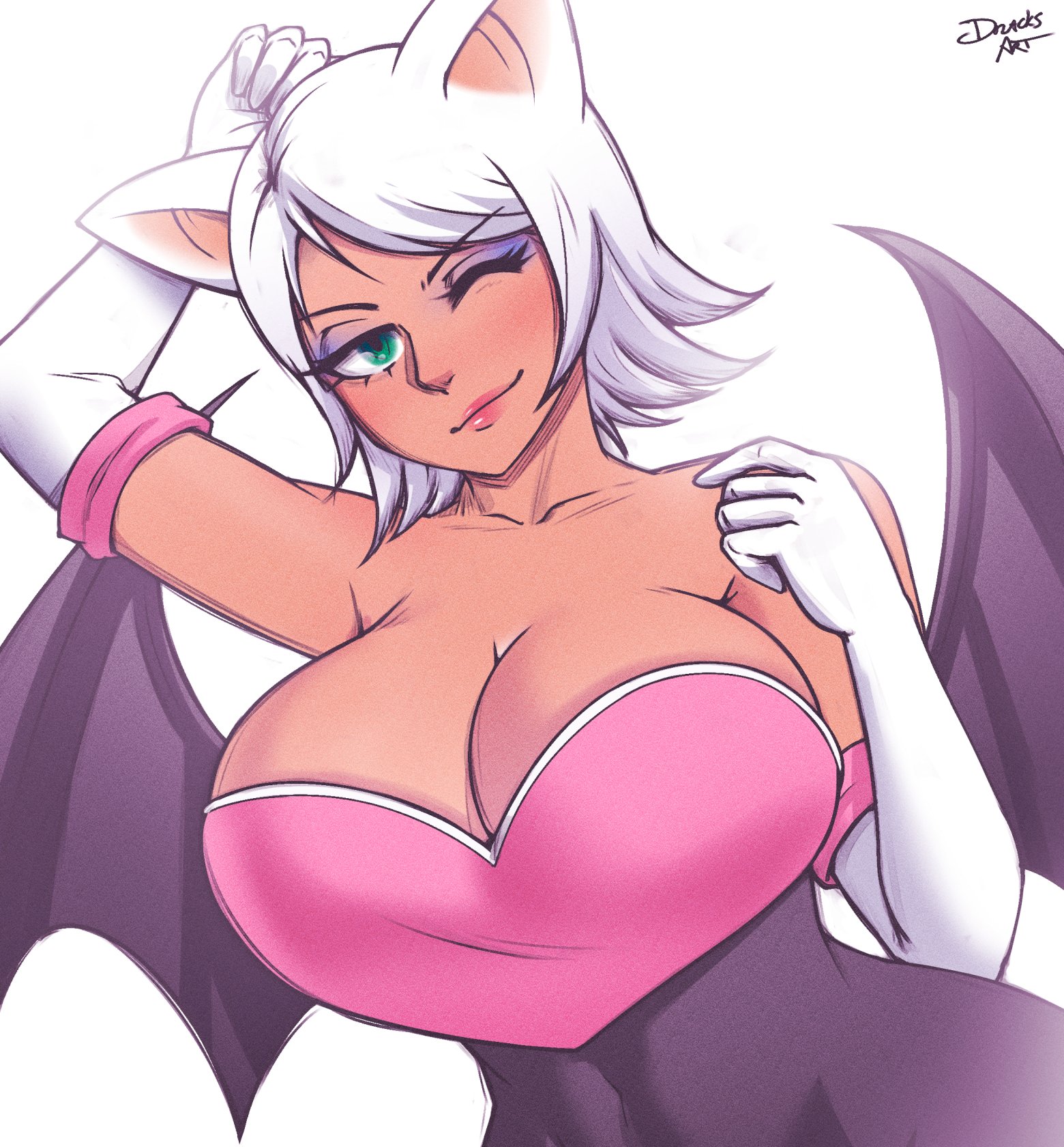 1girls, armpits, artist name, artist signature, bare shoulders, bat ears, bat wings, big breasts, bodysuit, breast focus, breasts, breasts focus, busty, cleavage, curvy, dracksart, elbow gloves, eye contact, eyeshadow, female, female focus, female only, gloves, green eyes, hi res, high resolution, highres, human, humanized, humanoid, large breasts, lipstick, long ears, long gloves, looking at viewer, one eye closed, pov eye contact, purple eyeshadow, red lipstick, rouge the bat, rouge the bat (cosplay), sega, simple background, solo, solo female, solo focus, sonic (series), sonic the hedgehog (series), tagme, voluptuous, white background, white gloves, white hair, wings, wink, winking, winking at viewer
