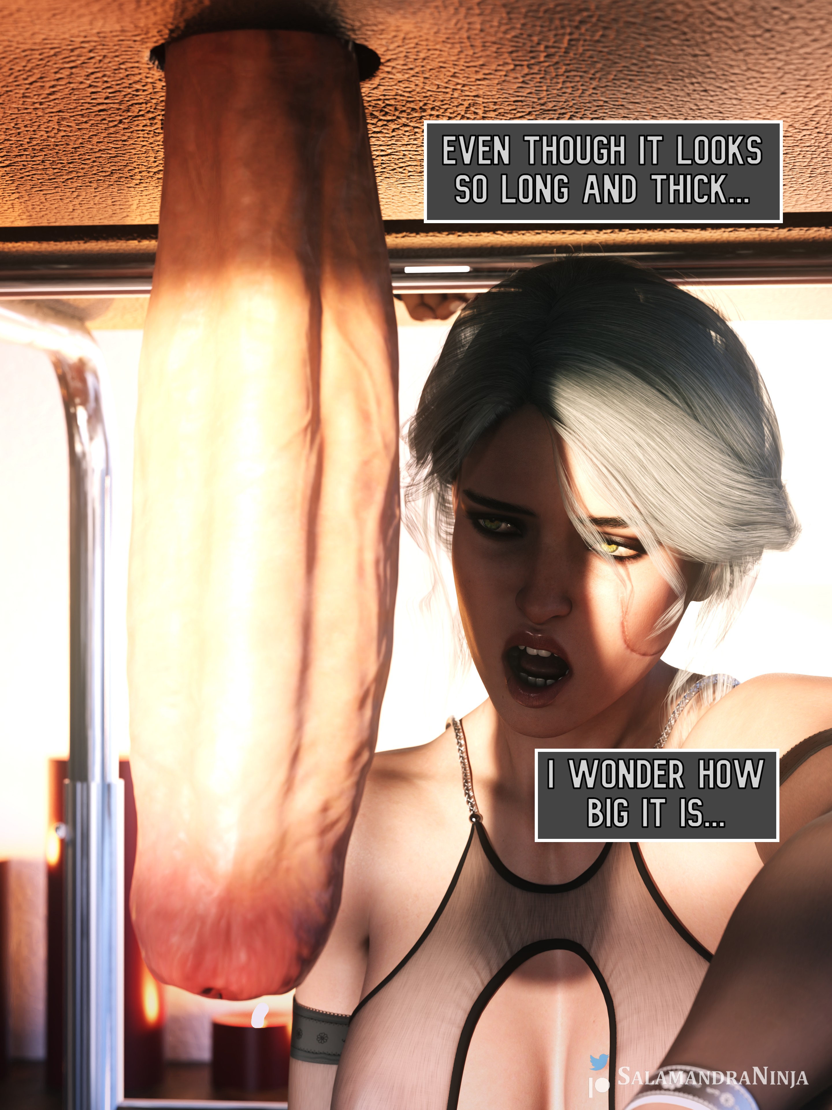 1boy, 1girls, 2022, 3d, big penis, breasts, ciri, daz studio, dirty talk, female, futanari, high resolution, highres, huge penis, intersex, large breasts, large penis, looking at penis, male, massage, milking table, open mouth, penis, penis awe, penis size talk, salamandraninja, size talk, text, the witcher (series), the witcher 3: wild hunt, triss merigold, uncensored, white hair