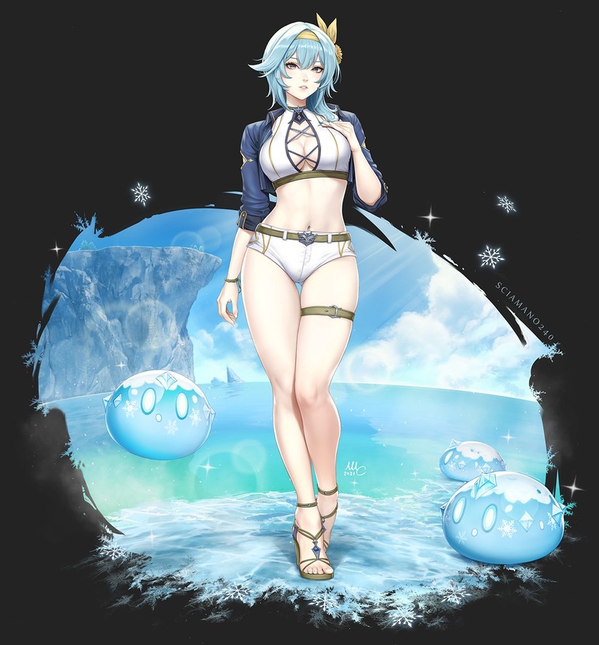 1girls barefoot blue_hair boob_window cleavage clothed_female clothing cryo_slime_(genshin_impact) eula_(genshin_impact) female garter_belt genshin_impact hair_ornament hand_on_breast hartman_hips heels long_legs midriff ocean outside pale_skin sciamano240 short_hair short_shorts slime_(genshin_impact) solo_female yellow_eyes