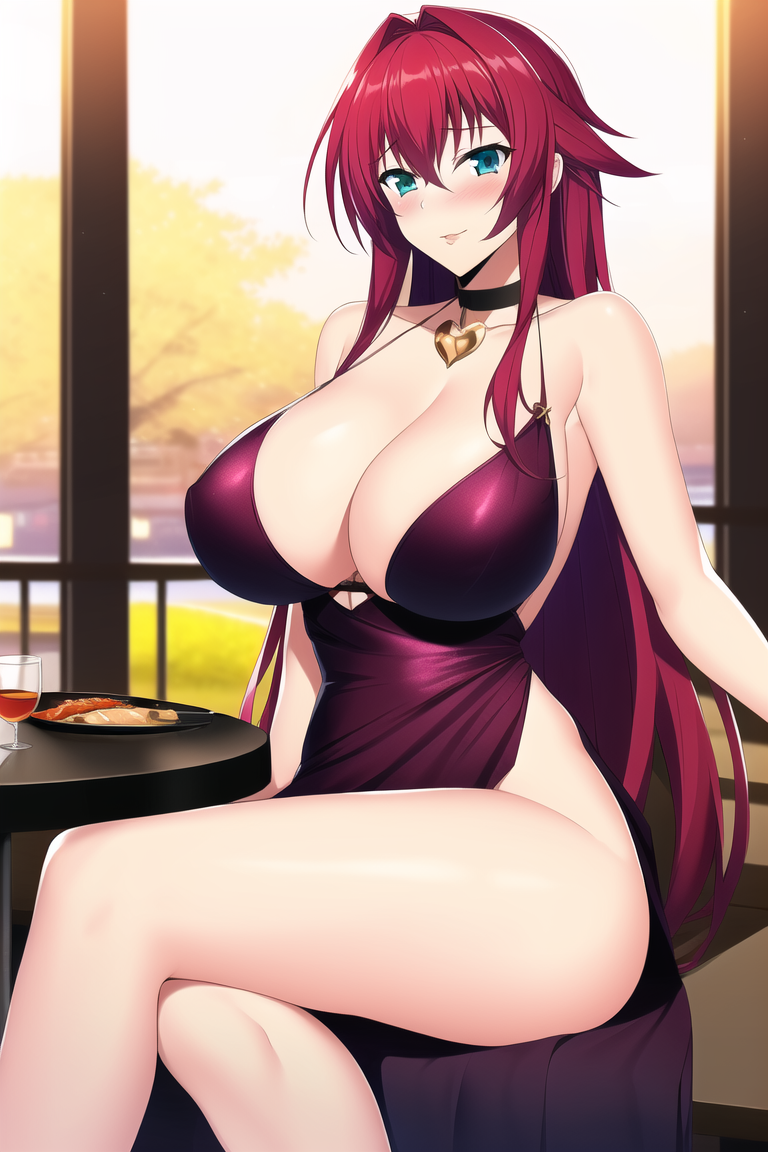 ai generated, bare thighs, breasts, dress, female, female only, high school dxd, huge cleavage, large breasts, nai diffusion, no bra, no panties, rias gremory, stable diffusion, thick thighs