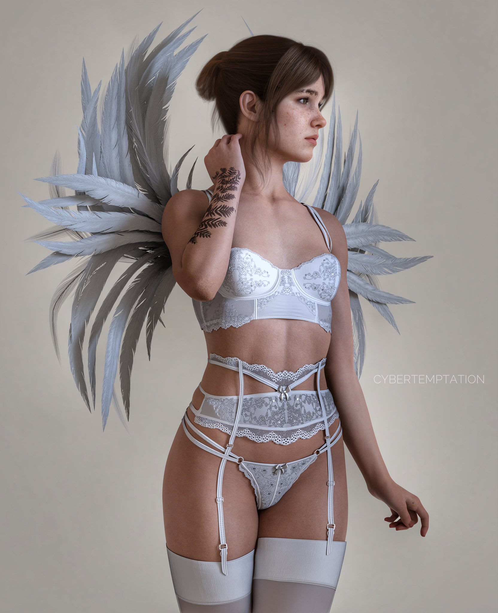 1girls, 3d, 3d (artwork), arm tattoo, bare arms, bare midriff, bare shoulders, bare thighs, bra, breasts, brown hair, closed mouth, collarbone, cybertemptation, ellie (the last of us), ellie williams, female, female focus, female only, freckles, garter, garter belt, garter straps, hair bun, hi res, highres, lace, lace panties, lace trim, lace-trimmed bra, lace-trimmed legwear, lace-trimmed panties, lace-trimmed thighhighs, lingerie, looking away, naughty dog, panties, posing, simple background, small breasts, solo, solo female, solo focus, sony interactive entertainment, stockings, tattoo, tattoo on arm, tattooed arm, the last of us, the last of us 2, thighhighs, thighs, thong, tied hair, underwear, white bra, white garter belt, white garter straps, white lingerie, white panties, white stockings, white underwear, white wings, wings