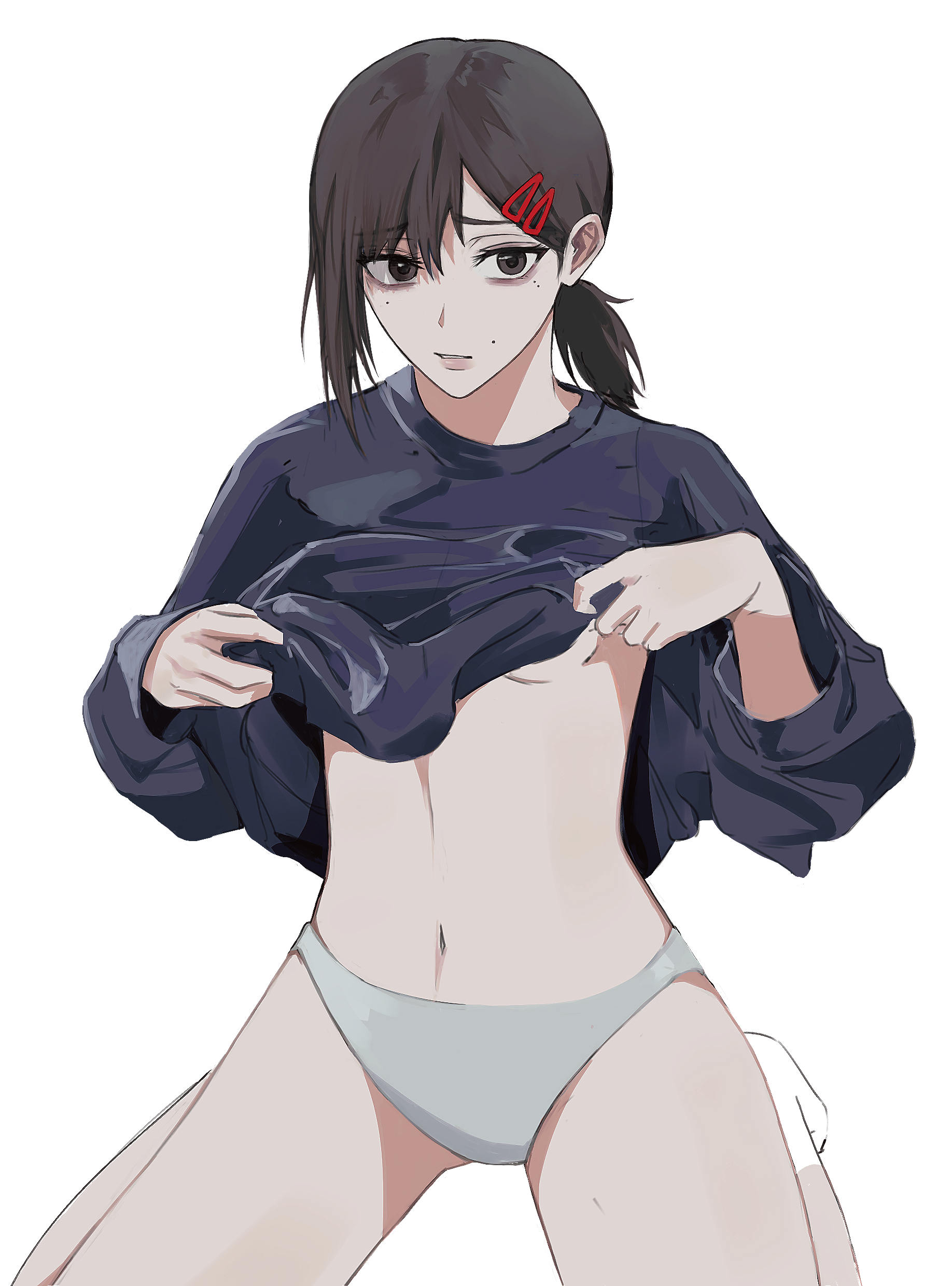 1girls, asian female, buttericecreamm, chainsaw man, female, female only, hair ornament, higashiyama kobeni, light skin, light-skinned female, mole, mole under eye, panties, shirt lift, short hair, shounen jump