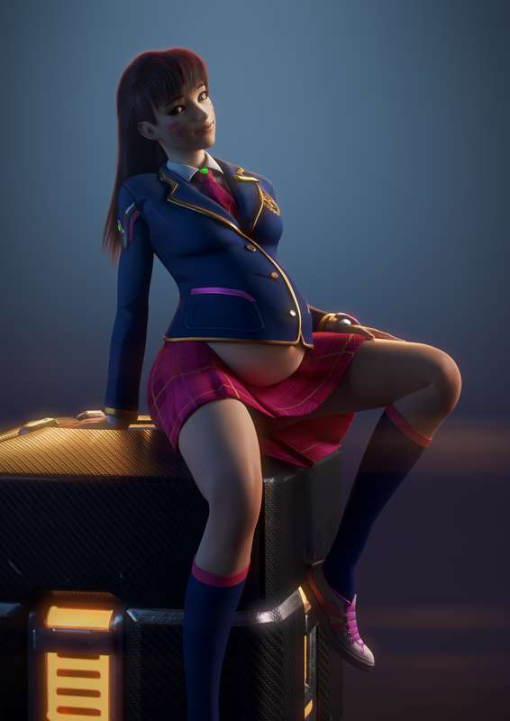 1girls 3d academy_d.va asian big_belly black_socks brown_eyes brown_hair d.va face_markings female knee_socks kneehighs kneesocks looking_at_viewer lootbox necktie only_female overwatch pose posing pregnant pregnant_belly pregnant_female school_uniform shoes socks solo solo_female vgerotica