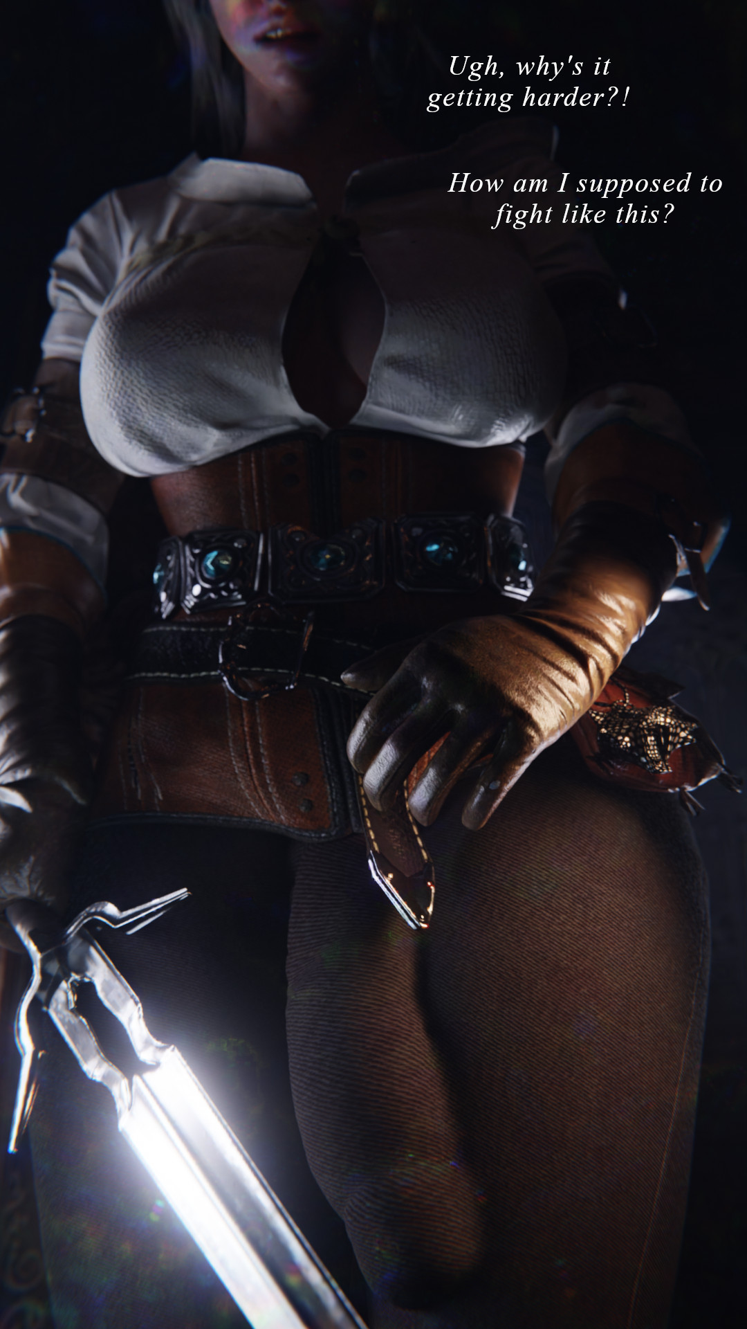 1futa, 1girls, 3d, ass, big ass, big breasts, big penis, breasts, bulge, bulge down leg, bulge through clothing, cameltail, cd projekt red, circumcised, ciri, clothing, comic, erect nipples under clothes, erection, female, futanari, intersex, large penis, light skin, light-skinned female, light-skinned futa, original character, penis, red hair, scrappy-coco, story, text, the witcher (series), the witcher 3: wild hunt, unwanted erection, white hair