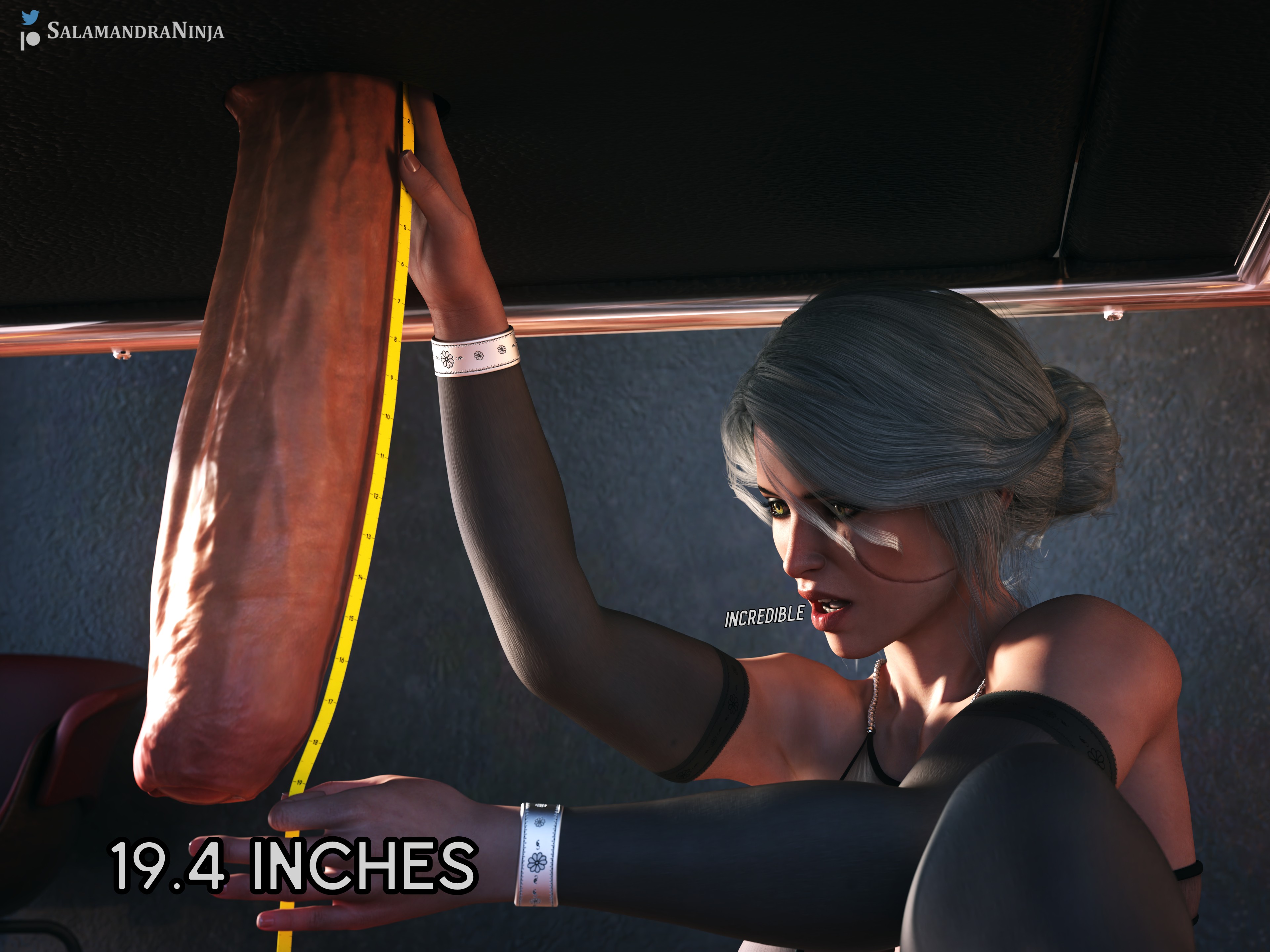1futa, 1girls, 2022, 3d, big penis, breasts, ciri, daz studio, female, futanari, high resolution, highres, huge penis, intersex, large breasts, large penis, massage, measurements, measuring, measuring penis, measuring tape, milking table, penis, penis awe, red hair, salamandraninja, stockings, text, the witcher (series), the witcher 3: wild hunt, triss merigold, uncensored, white hair