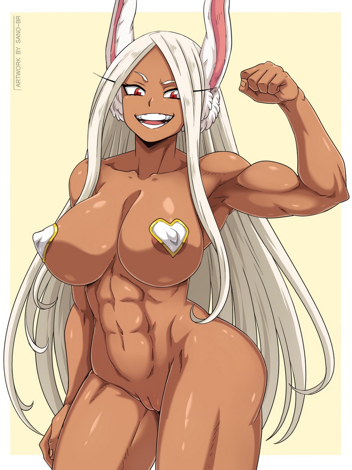 athletic, athletic female, big breasts, breasts, dark skin, dark-skinned female, female, fit, fit female, kemonomimi, large breasts, looking at viewer, miruko, muscles, muscular, muscular female, my hero academia, navel, nude, nude female, open mouth, pussy, rumi usagiyama, sano-br, slim waist, thick thighs, uncensored, variant set, wide hips