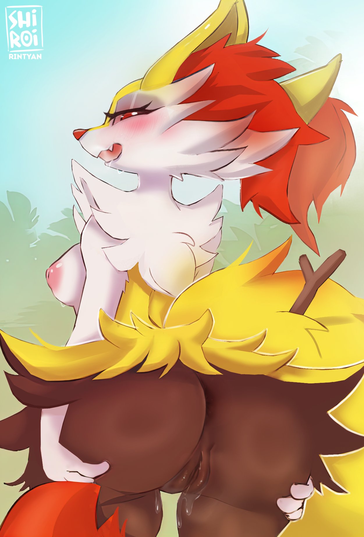 anthro ass black_body bodily_fluids braixen female generation_6_pokemon genital_fluids genitals hand_on_butt hi_res looking_at_viewer nintendo pokémon_(species) pokemon pokemon_(species) pussy pussy_juice rear_view rin_tyan solo thick_thighs video_games yellow_body