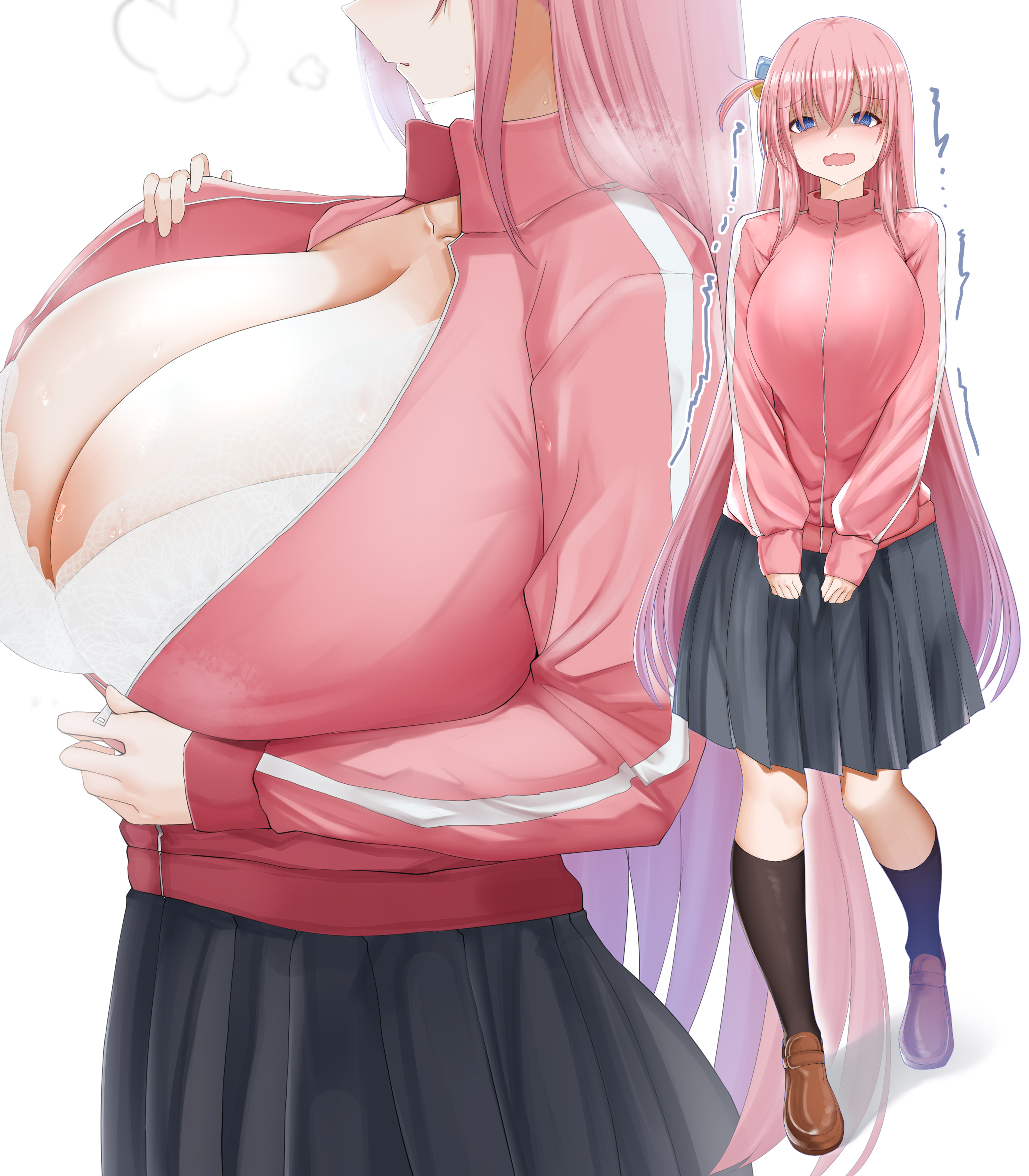 1girls, big breasts, blue eyes, blush, bocchi the rock!, bra, breasts, breasts outside, chomikuplus, clothed female, female, female only, fully clothed, gotou hitori, huge breasts, light skin, light-skinned female, long hair, pink hair, skirt, solo, trembling, unzipped jacket