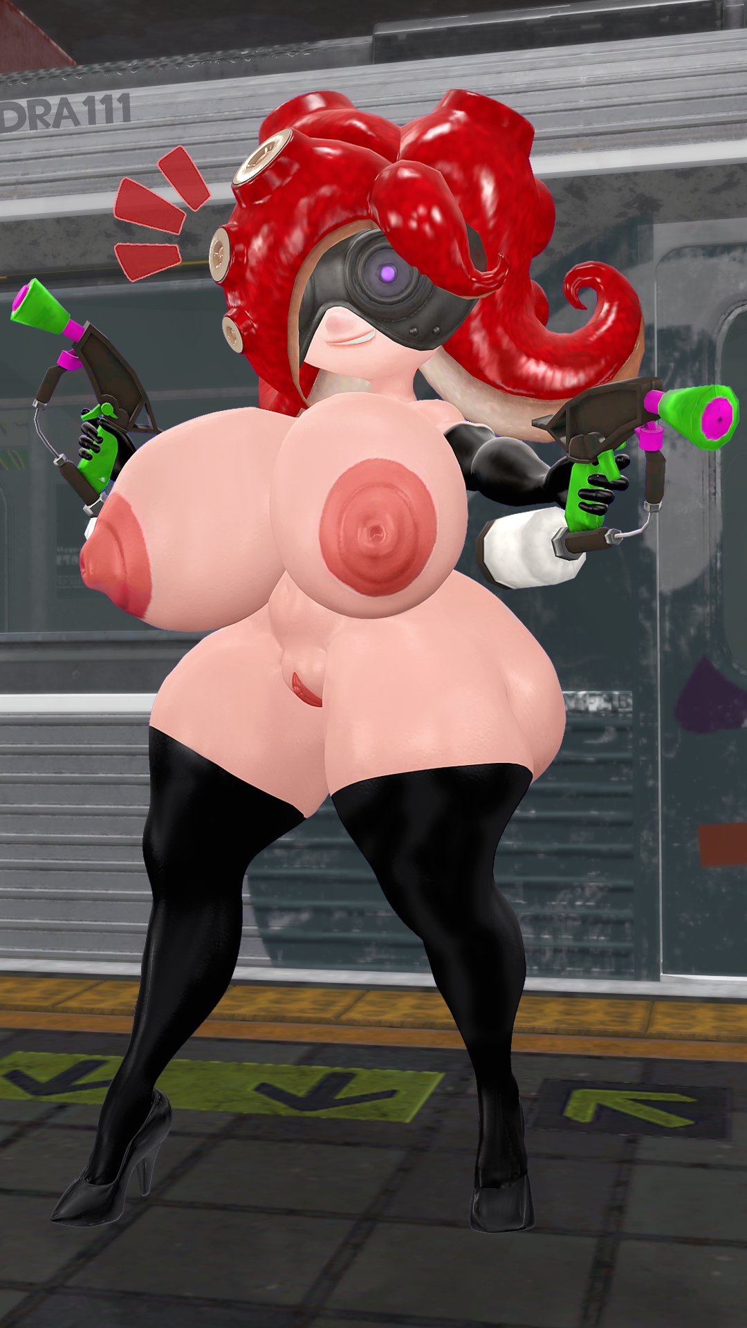 1girls, 3d, 3d (artwork), 9:16, ass, big breasts, breasts, dra111 (artist), dragon316, female, female only, high heels, huge ass, huge breasts, large breasts, legwear, nipples, octoling, octoling girl, octoling rival, puffy nipples, smile, solo, solo female, splatoon, splatoon 2, thick thighs