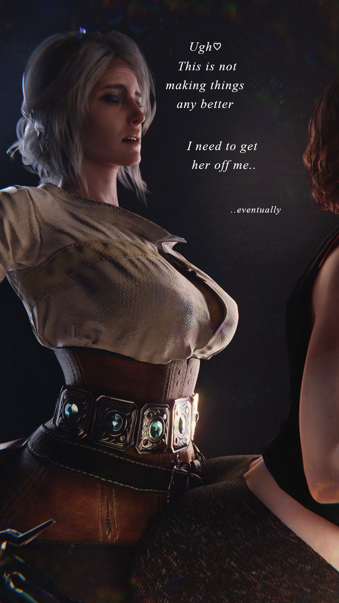 1futa, 1girls, 3d, ass, big ass, big breasts, big penis, breasts, bulge, bulge through clothing, cd projekt red, circumcised, ciri, clothing, comic, dry humping, erection, female, futa on female, futanari, intersex, large penis, light skin, light-skinned female, light-skinned futa, original character, penis, red hair, scrappy-coco, story, text, the witcher (series), the witcher 3: wild hunt, white hair, yoga pants