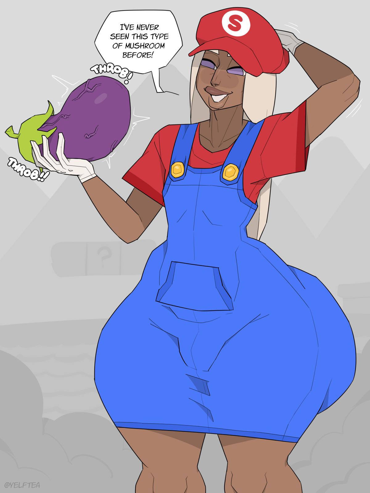 1boy, 2022, 2d, 2d (artwork), androgynous, artist name, ass, big ass, big butt, bulge, dark skin, dark-skinned femboy, dark-skinned male, eggplant, femboy, feminine male, girly, huge ass, long hair, male, male only, mario (cosplay), mario (series), onomatopoeia, original, outdoors, shaylee, solo, speech bubble, super mario bros., thick ass, thick thighs, throbbing, trap, vein, veins, veiny, voluptuous, voluptuous male, white hair, yelftea