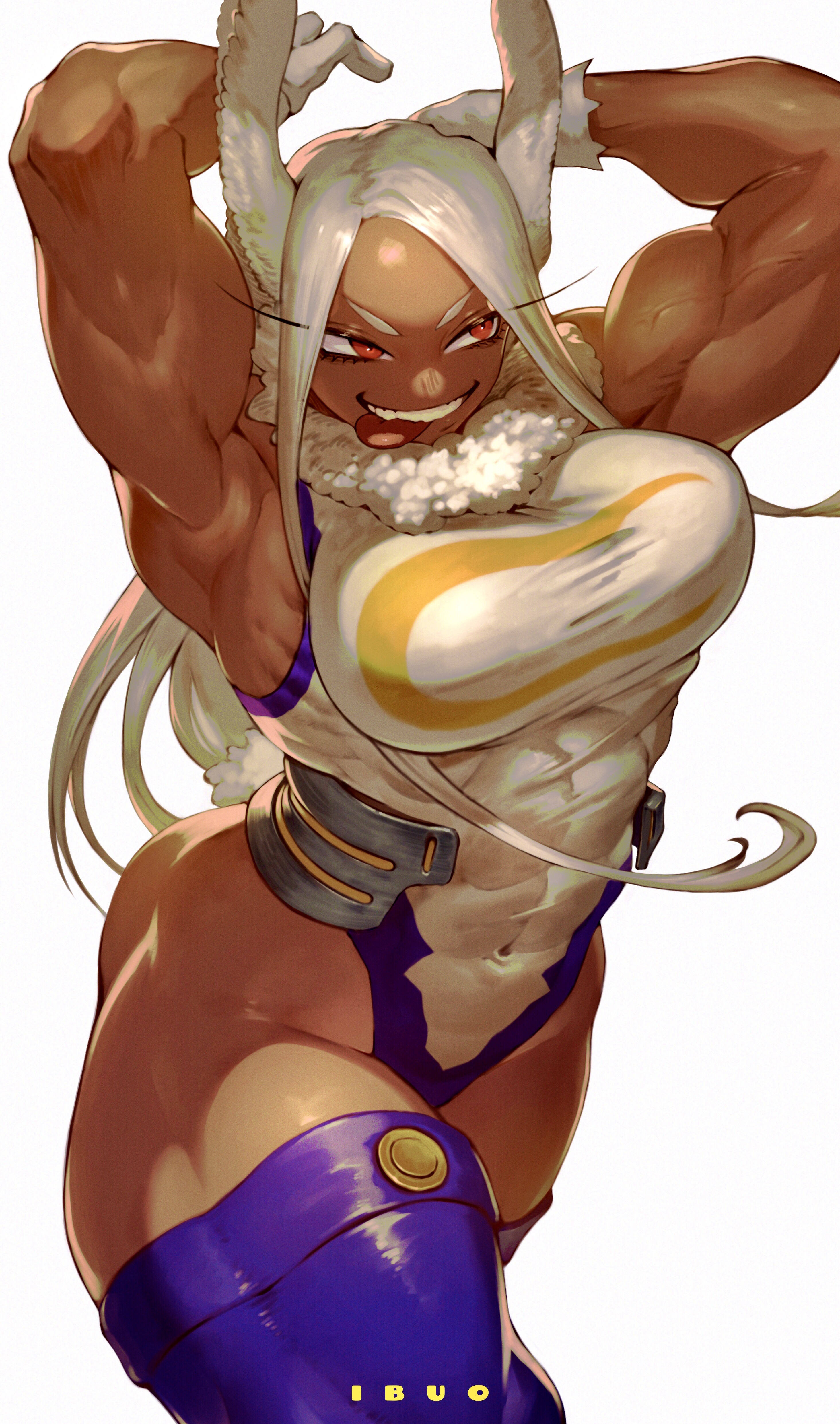 1girls, 2022, absurd res, animal humanoid, biceps, boku no hero academia, breasts, clothed, clothing, dark skin, dark-skinned female, female, female only, fully clothed, hair, hero outfit (mha), hi res, humanoid, ibuo, lagomorph, lagomorph humanoid, legwear, leotard, leporid humanoid, mammal, mammal humanoid, miruko, my hero academia, quads, rabbit humanoid, rumi usagiyama, solo, tan body, tan skin, teeth, thigh highs, tongue, tongue out, triceps, white hair