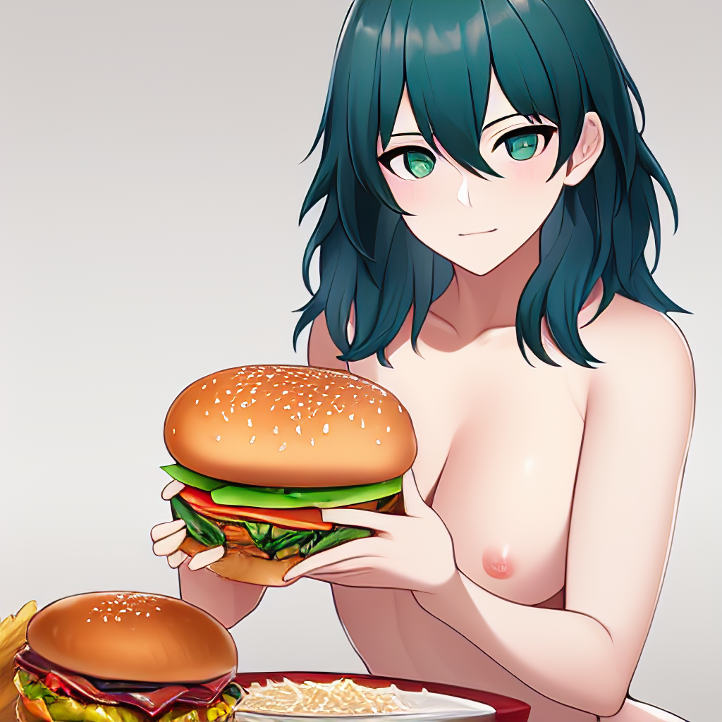 1girls ai_generated breasts burger byleth_(fire_emblem) byleth_(fire_emblem)_(female) female female_only fire_emblem fire_emblem:_three_houses imminent_eating nai_diffusion nintendo nude presenting_burger stable_diffusion