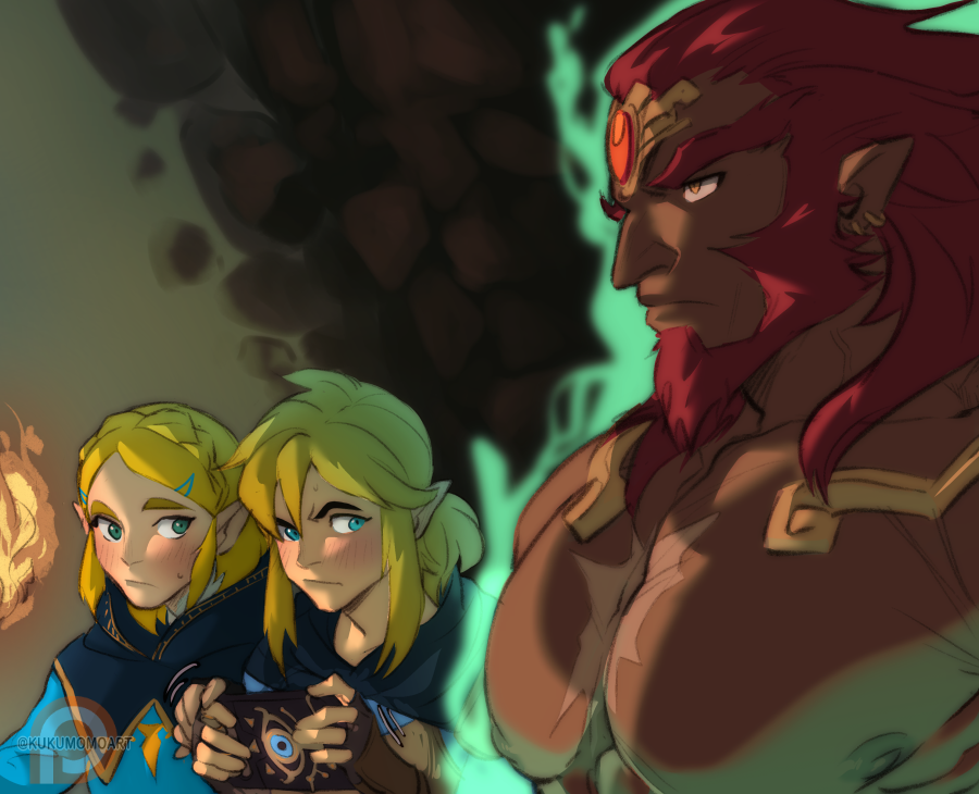 1girls 2boys artist_name beard big_pecs blonde_hair breast_envy breasts breasts_focus breath_of_the_wild crown_braid female ganondorf ganondorf_(tears_of_the_kingdom) girl_staring_at_guy's_chest hair_clips humanoid hylian kukumomo large_pecs link link_(breath_of_the_wild) link_(tears_of_the_kingdom) long_hair long_red_hair male meme moobs nintendo pale_skin patreon_logo pointy_ears princess_zelda red_hair safe_for_work sfw sheikah_slate short_blonde_hair short_hair tears_of_the_kingdom the_legend_of_zelda topless topless_male zelda_(breath_of_the_wild) zelda_(tears_of_the_kingdom)