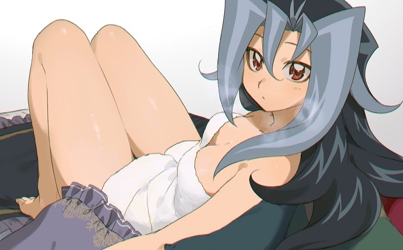bed blue_hair blush dntks edit female kamishiro_rio long_legs looking_at_viewer red_eyes rio_kamishiro solo thick_legs towel white_background yu-gi-oh! yu-gi-oh!_zexal