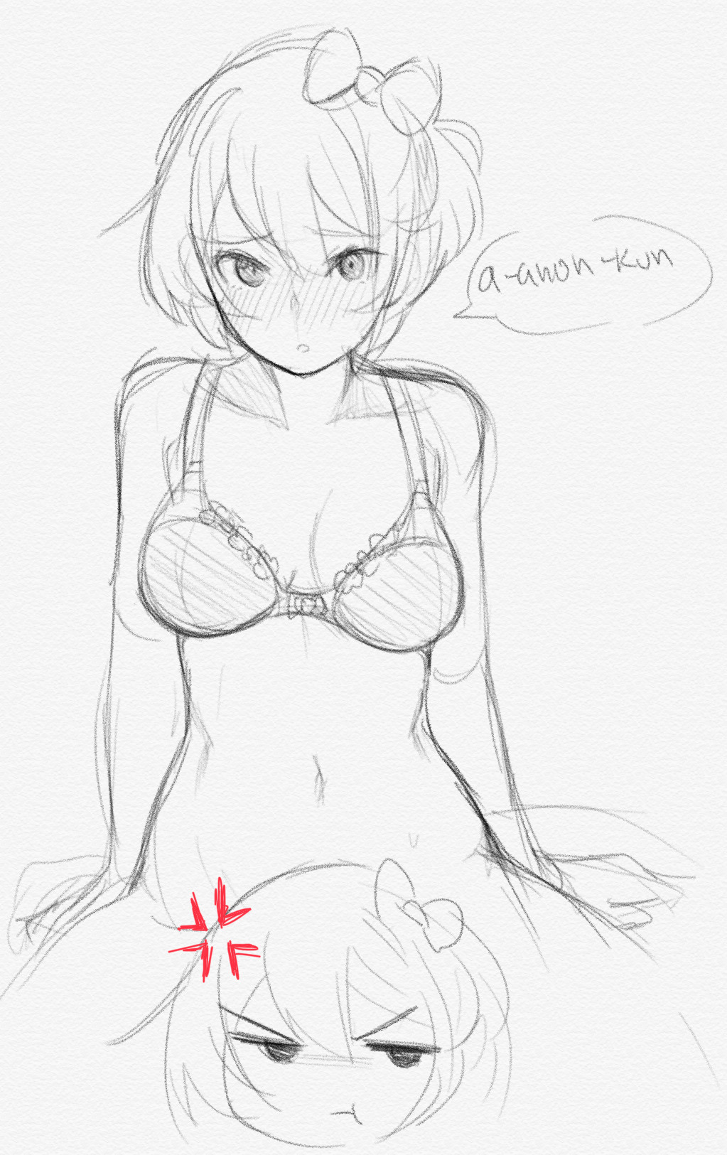 >:t 1girls angry angry_face blush bow bra censored censored_pussy doki_doki_literature_club female just_sayori looking_at_viewer no_panties novelty_censor open_mouth otxoa60 sayori_(doki_doki_literature_club) sketch solo text text_bubble