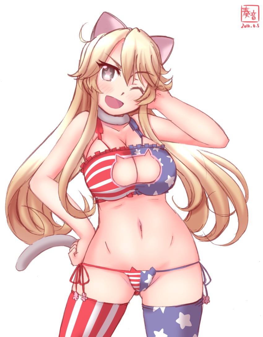 1girls american_flag american_flag_bikini american_flag_legwear blonde_hair bra breasts cat_ears cat_keyhole_bra cat_keyhole_lingerie cat_lingerie cat_tail choker fake_animal_ears fake_tail grey_eyes hand_on_hip iowa_(kantai_collection) kanon_(kurogane_knights) kantai_collection large_breasts lingerie long_hair midriff navel panties side-tie_panties star_shaped_pupils thighhighs winking