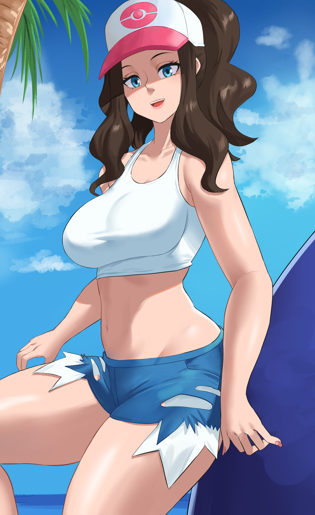 1girls, baracco, big breasts, breasts, female, female only, hilda (pokemon), midriff, pokemon, pokemon bw, short shorts, shorts, thick thighs