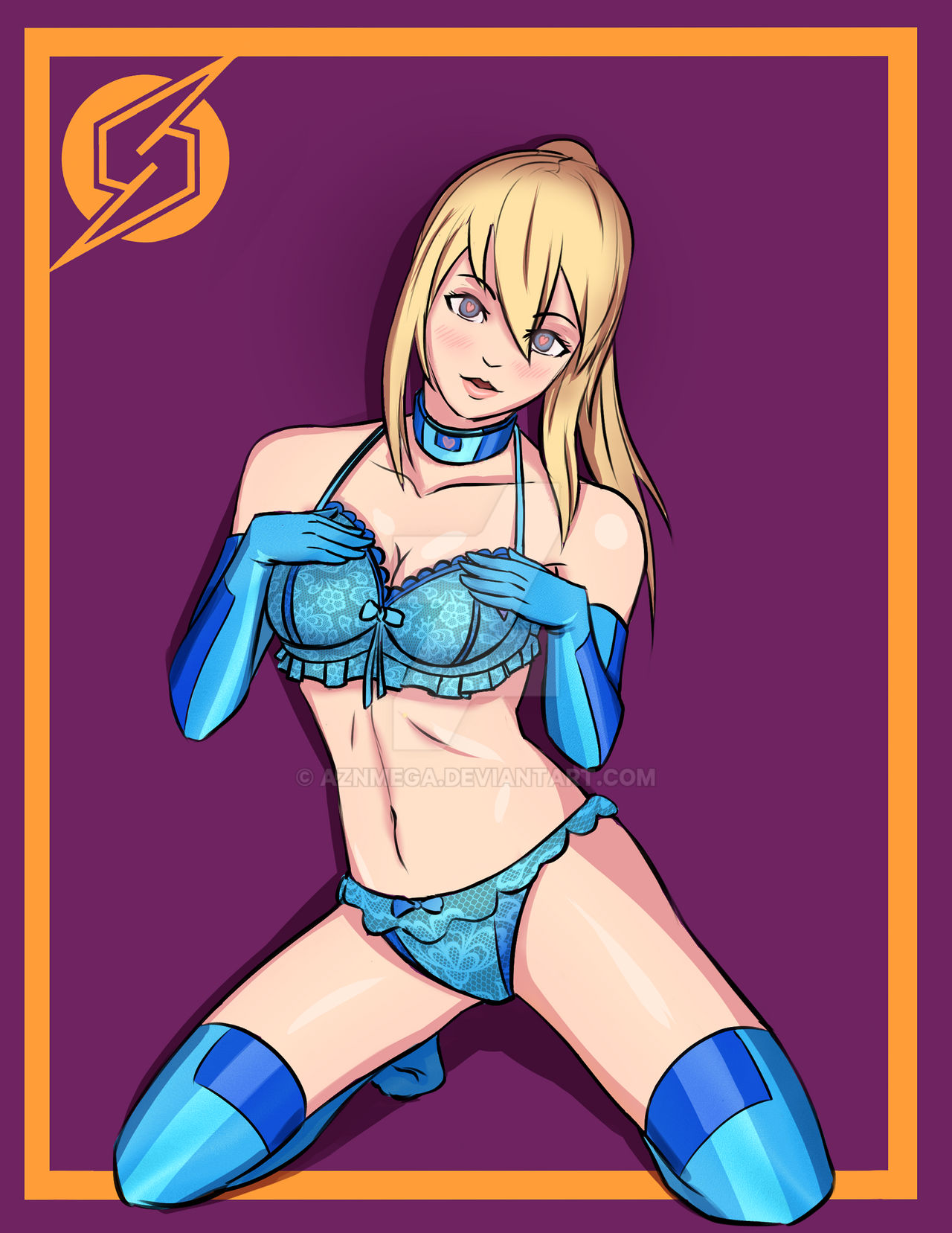 1girls, aznmega, blonde hair, blue bra, blue collar, blue eyes, blue gloves, blue lingerie, blue panties, blue thighhighs, bow bra, bow panties, bra, breasts, collar, distracting watermark, female, gloves, hand on chest, head tilt, heart collar, heart eyes, heart-shaped pupils, hypnosis, kneeling, lace, lace bra, lace lingerie, lace panties, large breasts, lingerie, looking at viewer, metroid, midriff, mind control, navel, nintendo, panties, pinup, pinup girl, ponytail, samus aran, sexy lingerie, super smash bros., thighhighs, watermark