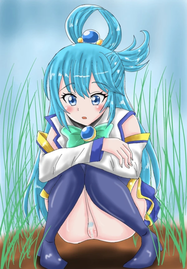 1girls aqua_(konosuba) blue_hair boots dirt female female_only grass kono_subarashii_sekai_ni_shukufuku_wo! muamuyu no_panties outside pubic_hair pussy solo squatting upskirt