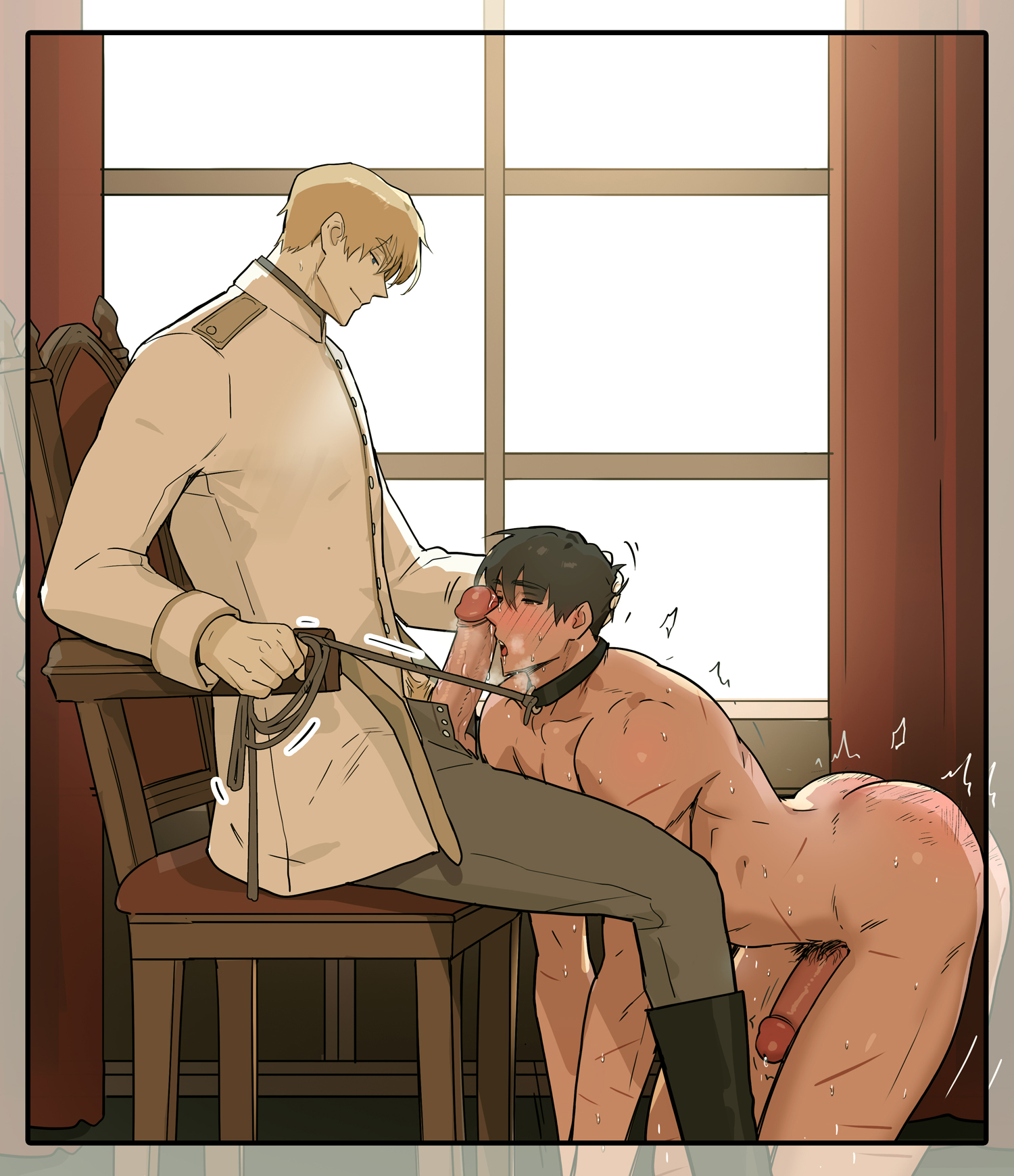 2boys, ass, balls, boner, clothed, clothed sex, clothing, collar, erect penis, erection, gay, gay male, kaal (ppatta), leash, male, male only, muscles, muscular, musk, on hands and knees, penis, penis on face, penis out, ppatta, shaking, slave, sweaty, warrior (ppatta), yaoi