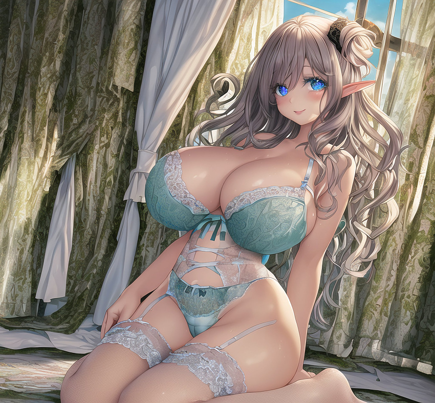 ai generated, blue eyes, commentary request, elf, elf ears, elf female, elf girl, female, milf, nai diffusion, oc, original character, silver hair, stable diffusion, tagme, white hair