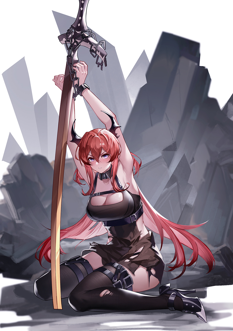 1girls, arknights, armpits, arms up, bangs, belt, big breasts, black belt, black dress, black footwear, black thighhighs, blush, blush lines, blushing at viewer, bondage, breasts, chains, chest strap, cleavage, cuffs, demon horns, dress, female, female focus, female only, full body, hair between eyes, hair intakes, handcuffs, hi res, high heels, high resolution, highres, horns, large breasts, light skin, light-skinned female, long hair, looking at viewer, parted lips, purple eyes, red hair, restrained, shackles, shiny, shiny clothes, shiny hair, shiny skin, short dress, sitting, sleeveless, sleeveless dress, solo, solo female, solo focus, surtr (arknights), sword, teeth, thigh strap, thighhighs, torn clothes, torn dress, wariza, weapon, yin lan xue