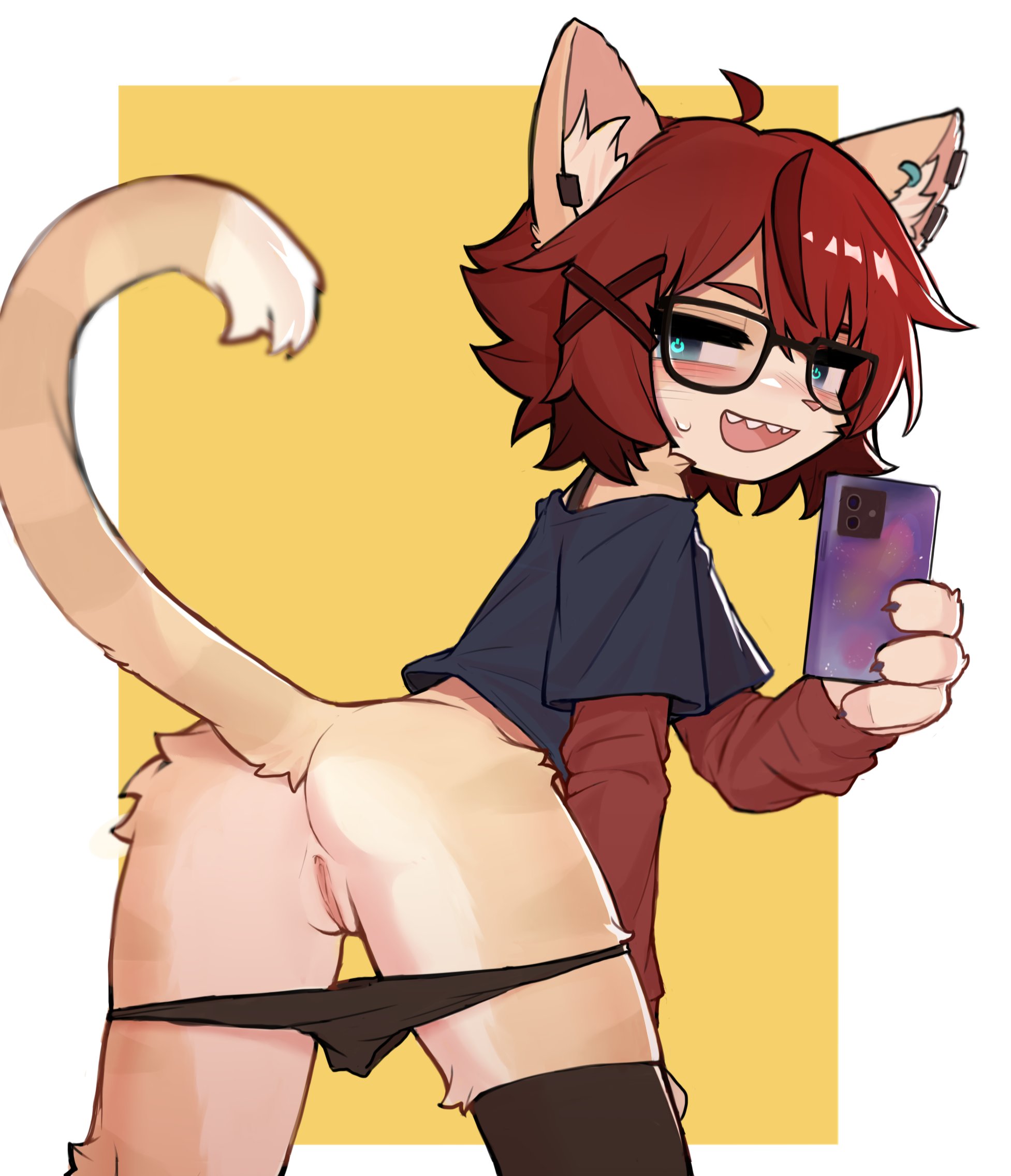 1girls, aeiou (yoako), animal ears, ass, bangs, blue eyes, blush, crayon (artist), female, glasses, hair ornament, looking back, no humans, open mouth, original, pants down, partially clothed, presenting, pussy, red hair, selfie, short hair, smile, smug, solo, standing, sweat, symbol-shaped pupils, tail, unusual anatomy, unusual eyes, unusual pupils
