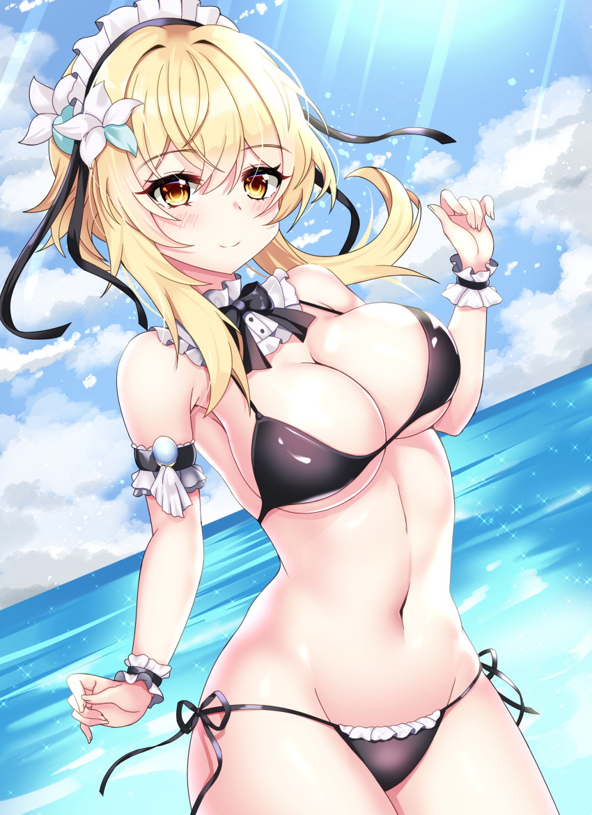 1girls beach bikini black_bikini black_swimsuit blonde_hair breasts clouds detached_collar detached_sleeves flower_in_hair genshin_impact large_breasts looking_at_viewer lumine_(genshin_impact) maid maid_bikini maid_headdress maid_swimsuit maid_uniform medium_breasts midriff navel ocean outside side-tie_bikini side-tie_swimsuit sky swimsuit tia_(4017342) water yellow_eyes