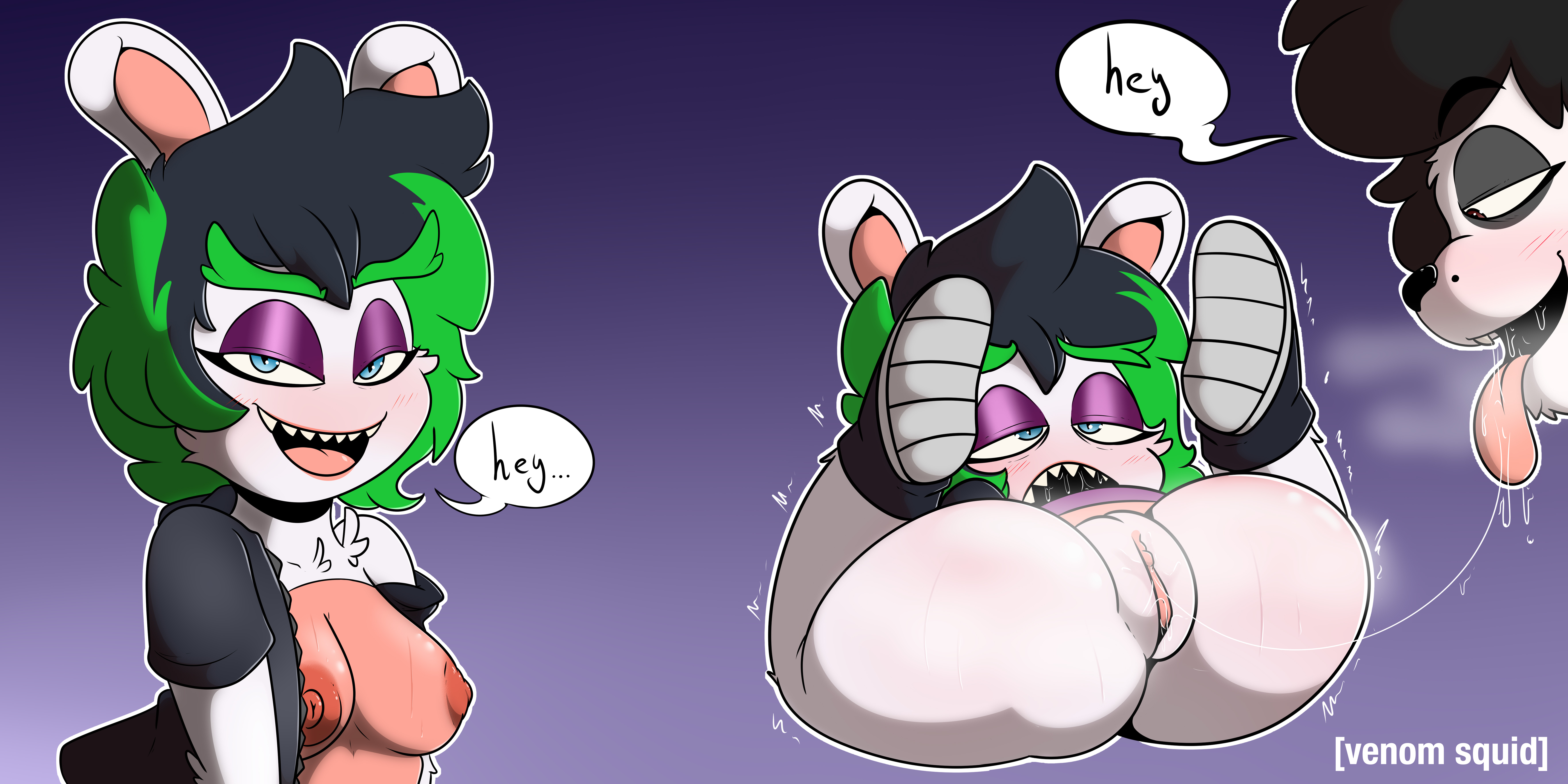 ass, black hair, breasts, edge (mario + rabbids), female, furry, legs up, mario (series), mario + rabbids, mario + rabbids: sparks of hope, nintendo, oral, oral sex, pussy, pussy juice drip, rabbid, raving rabbids, small breasts, smug, steam, sweat, tongue, ubisoft, venomsquid, video games, white fur