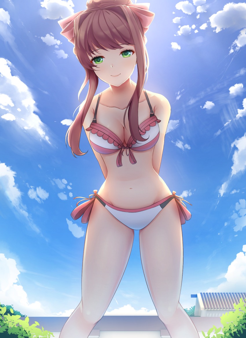 1girls arms_behind_back bikini bow_in_hair breasts brown_hair building clouds doki_doki_literature_club green_eyes looking_at_viewer medium_breasts midriff monika_(doki_doki_literature_club) multicolored_bikini multicolored_swimsuit navel outside pink_bikini pink_swimsuit plants ponytail side-tie_bikini side-tie_swimsuit sky swimsuit tsukimaru white_bikini