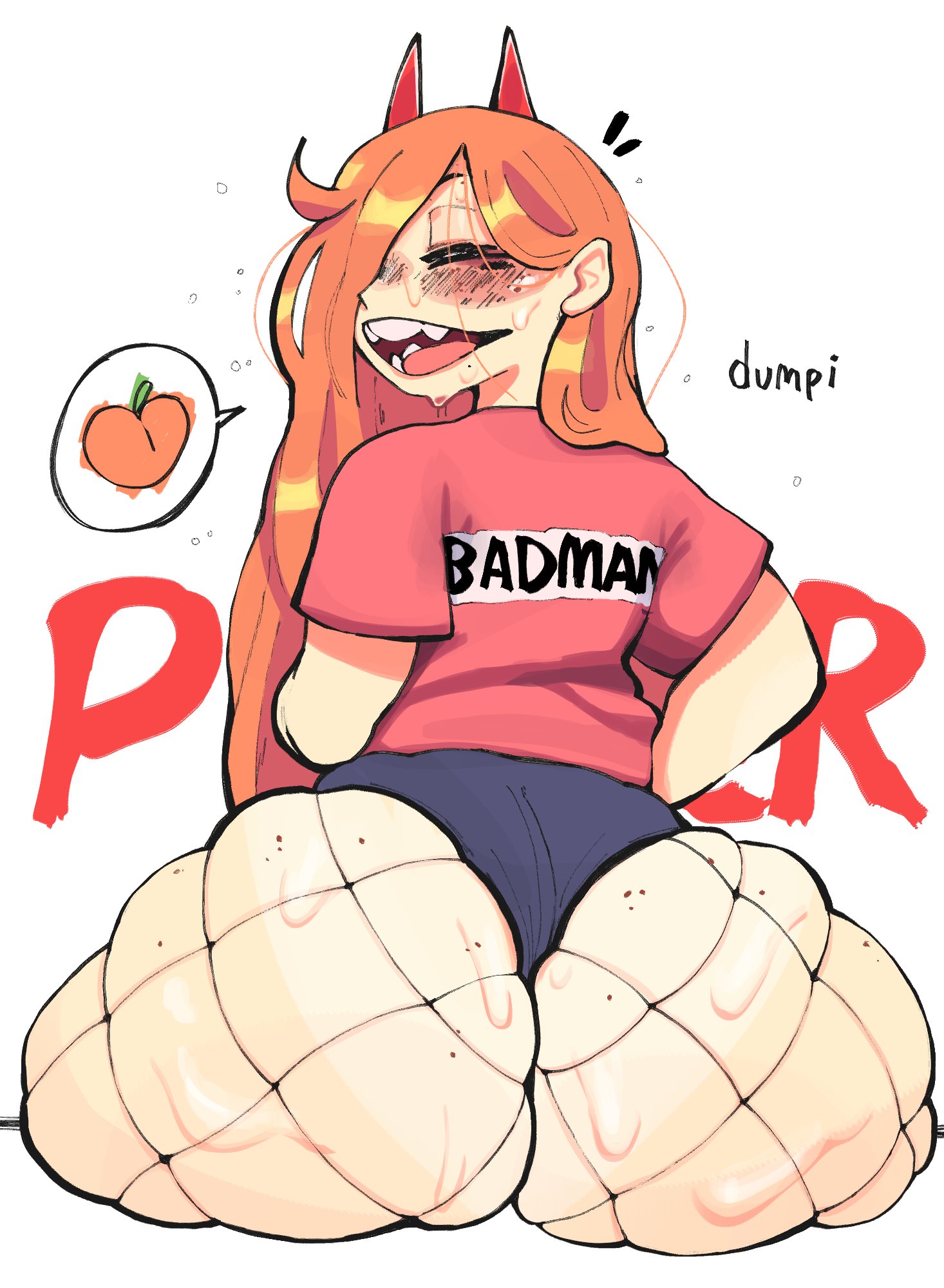 1girls, ass, ass focus, big ass, blonde hair, bottom heavy, bubble ass, bubble butt, chainsaw man, dumpiwumpi (artist), eyes closed, fat ass, female, female only, fishnet legwear, fishnets, horns, huge ass, large ass, light skin, light-skinned female, power (chainsaw man), shirt, shorts, sitting, skindentation, solo, sweat, thick ass