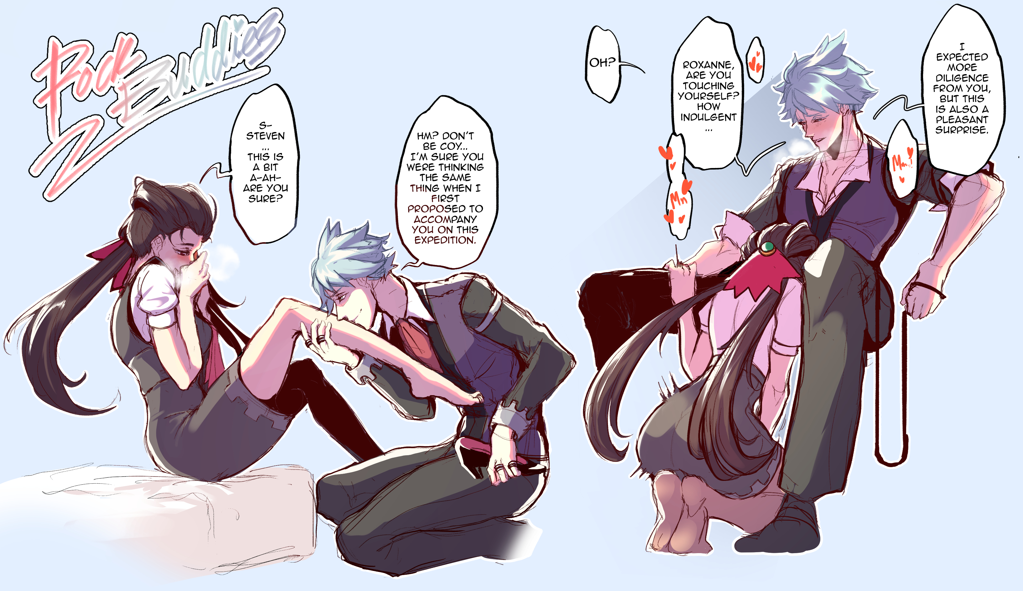 blue hair, blush, brown hair, dominant male, fellatio, female, leash, male, oral, pokemon, pokemon rse, rhymewithracy, roxanne (pokemon), steven stone (pokemon)