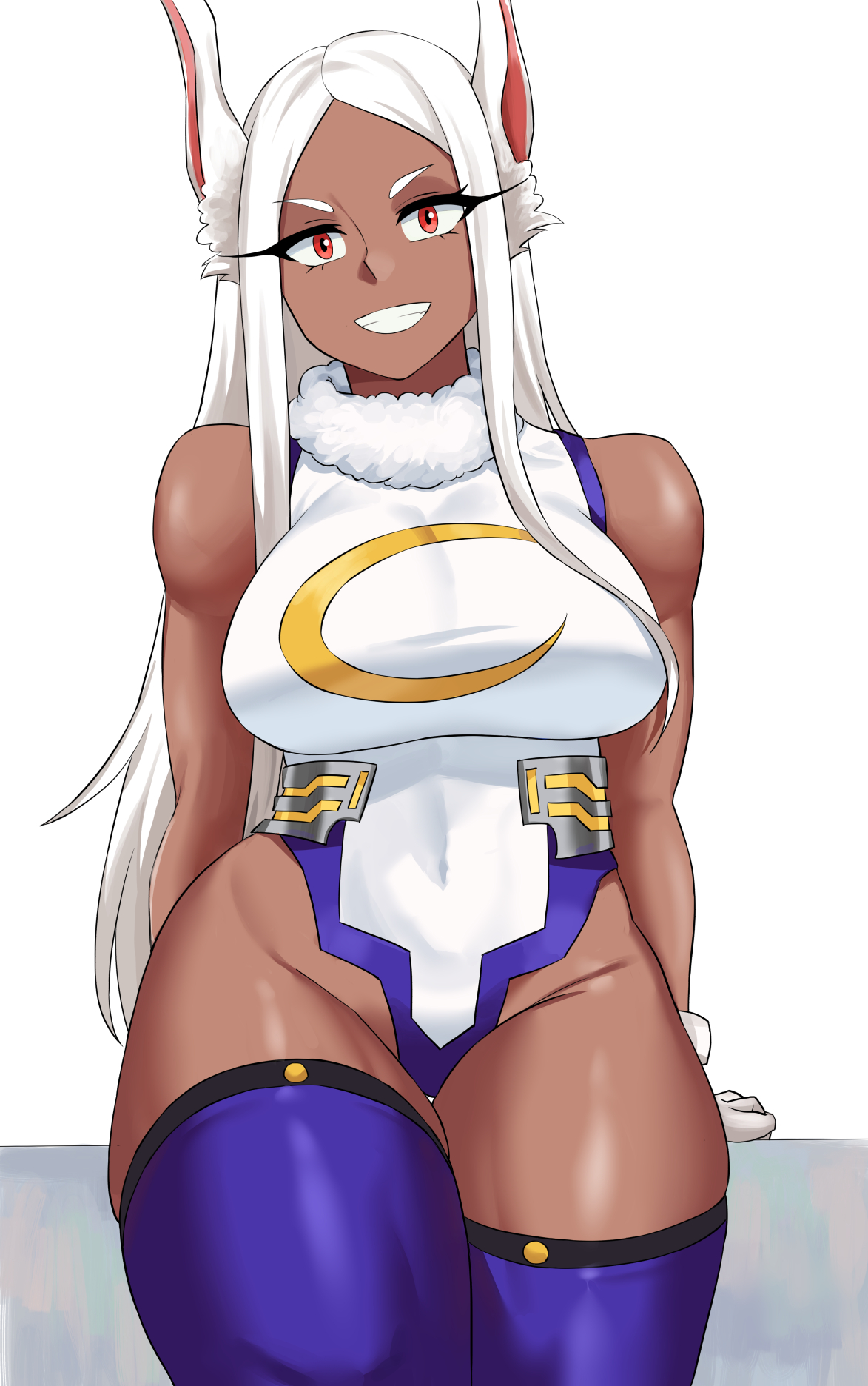 1girls, baracco, big breasts, breasts, dark skin, dark-skinned female, female, female only, fully clothed, leotard, miruko, my hero academia, rumi usagiyama, shounen jump, smile, solo, thick thighs